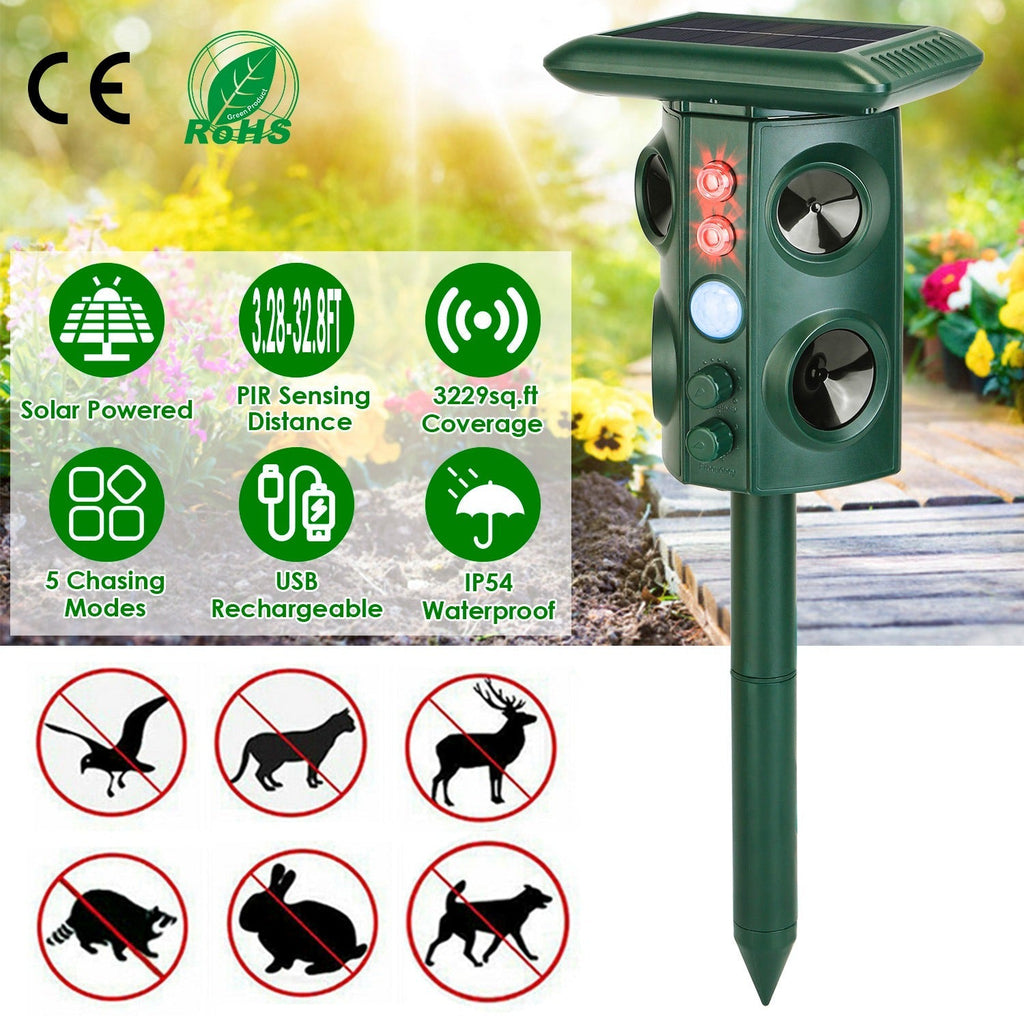 Solar Ultrasonic Animal Repeller Solar Powered Animal Repellent Chaser with PIR Motion Sensor IP54 Waterproof Sound Flashing Light for Deer Raccoon Sq