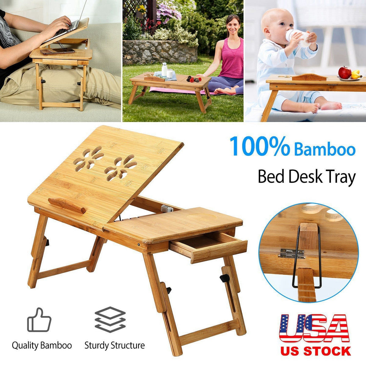 Bamboo Laptop Desk Breakfast Serving Bed Tray Foldable Leg Multi-Position Adjustable Tilt Surface Bed Lap Tray with Side Storage Drawer for Work Study