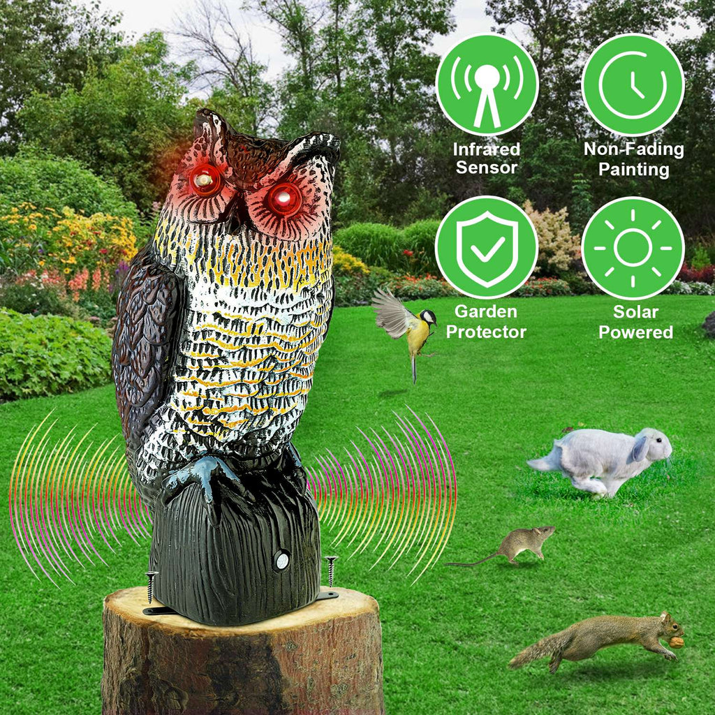 Solar Powered Owl Decoy with Flashing Eye Hoot Sound Infrared Sensor Scare Bird Squirrel Away Pest Repellent Bird Deterrent Outdoor Garden Yard Protec
