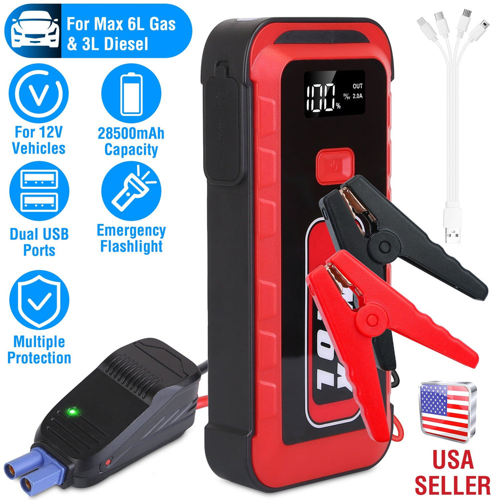 Car Jump Starter Booster 2500A Peak 25800mAh Battery Charger Power Bank with 4 Modes LED Flashlight for Up to 6.0L Gas or 3.0L Diesel Engine Car