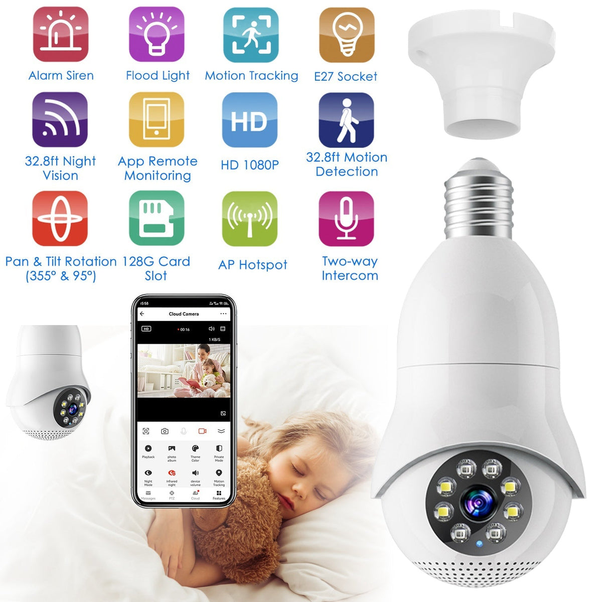 E27 WiFi Bulb Camera 1080P FHD WiFi IP Pan Tilt Security Surveillance Camera with Two-Way Audio Night Vision Flood Light Motion Tracking Siren Functio