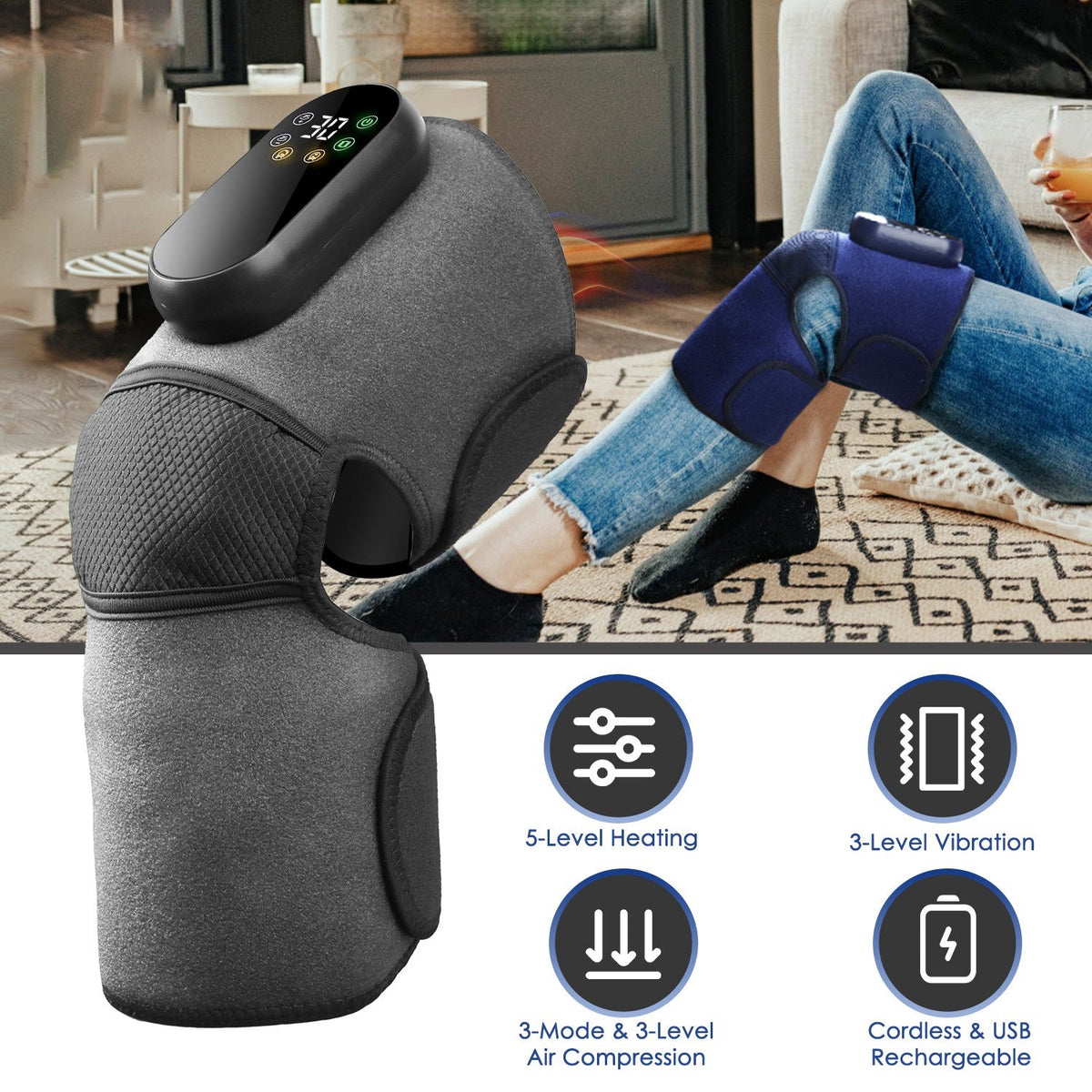 Cordless Knee Massager Heated Knee Brace Wrap Electric Knee Heating Pad with 5-Level Heating 3-Level Vibration 3-Mode & 3-Level Air Compression