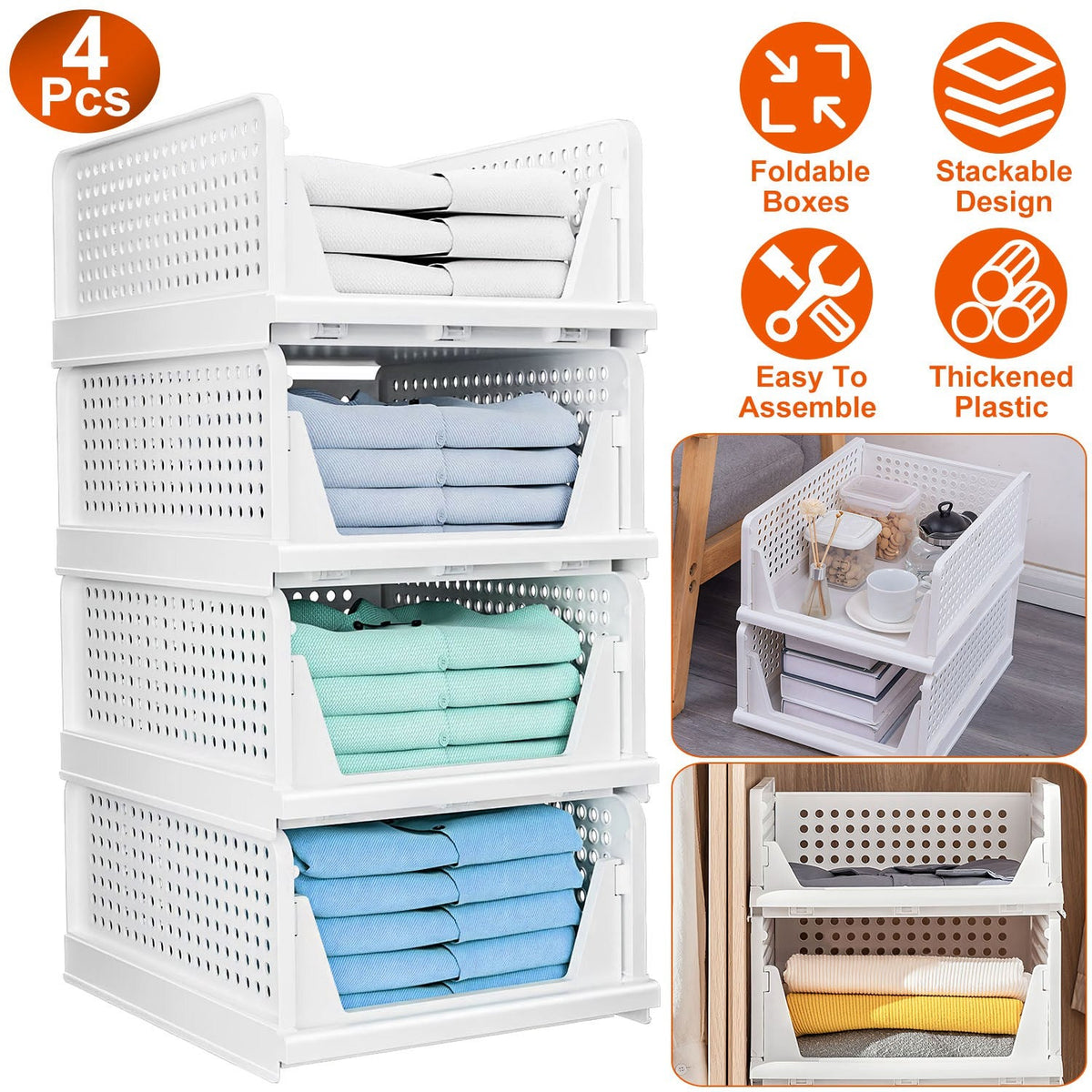 4 Packs Plastic Storage Box Closet Organizer Foldable Storage Bin Stackable Drawer with Slide Rail Push-Pull Storage Basket for Living Room Bedroom Wa