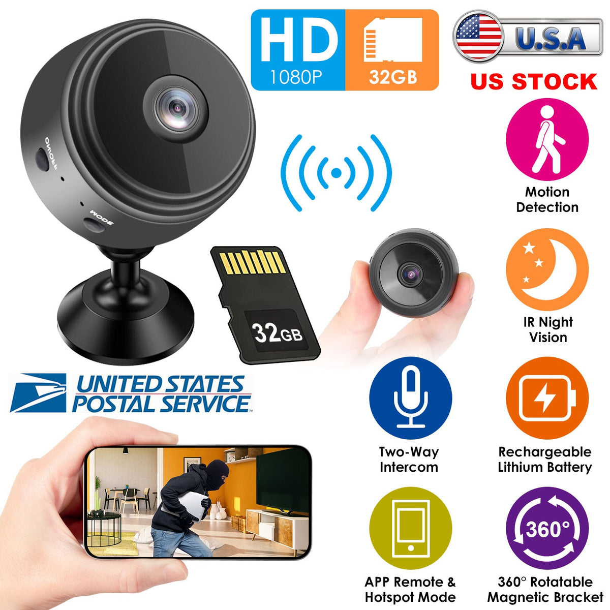 Mini CameraÊWireless Wifi IP Home Security Cam 1080P Full HD Surveillance Camera Nanny Cam w/ 32G MMC Card