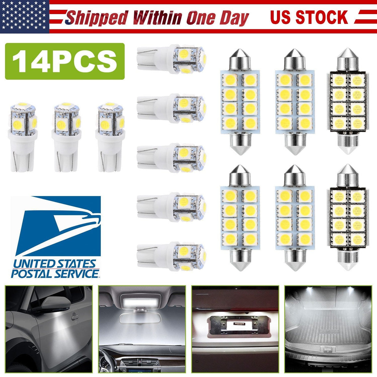 14Pcs T10 41mm Festoon LED Light Bulb Interior Dome Map LED Lights License Plate Trunk Side Positioning Lights 6000K White