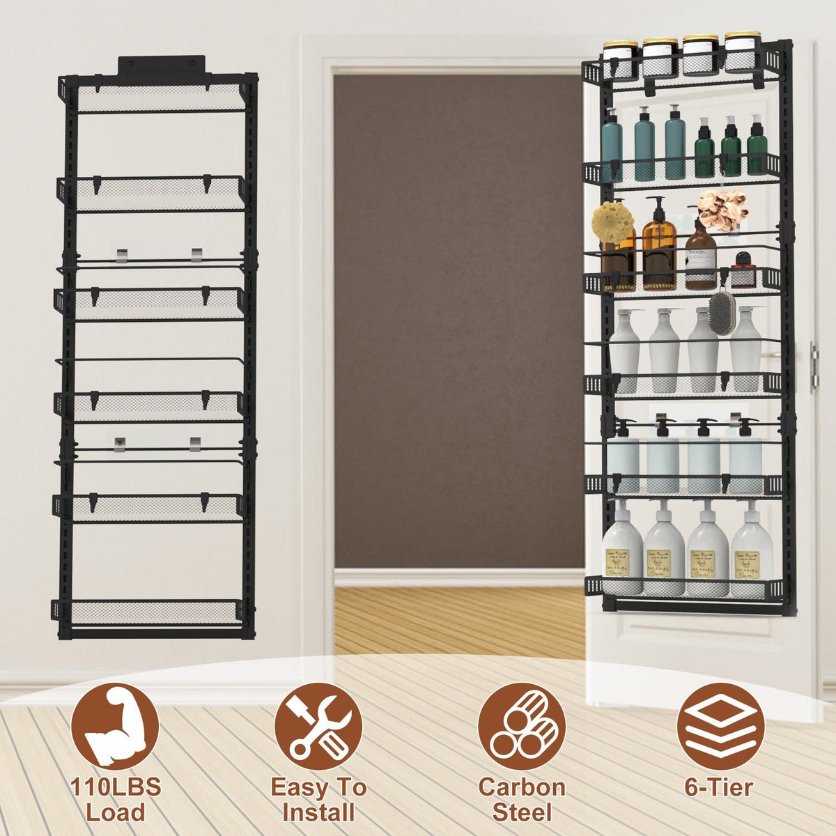 Over The Door Pantry Organizer 6-Tier Pantry Door Organizer Carbon Steel 110LBS Loading Easy Install Behind Door Storage For Closet Kitchen Bathroom 5