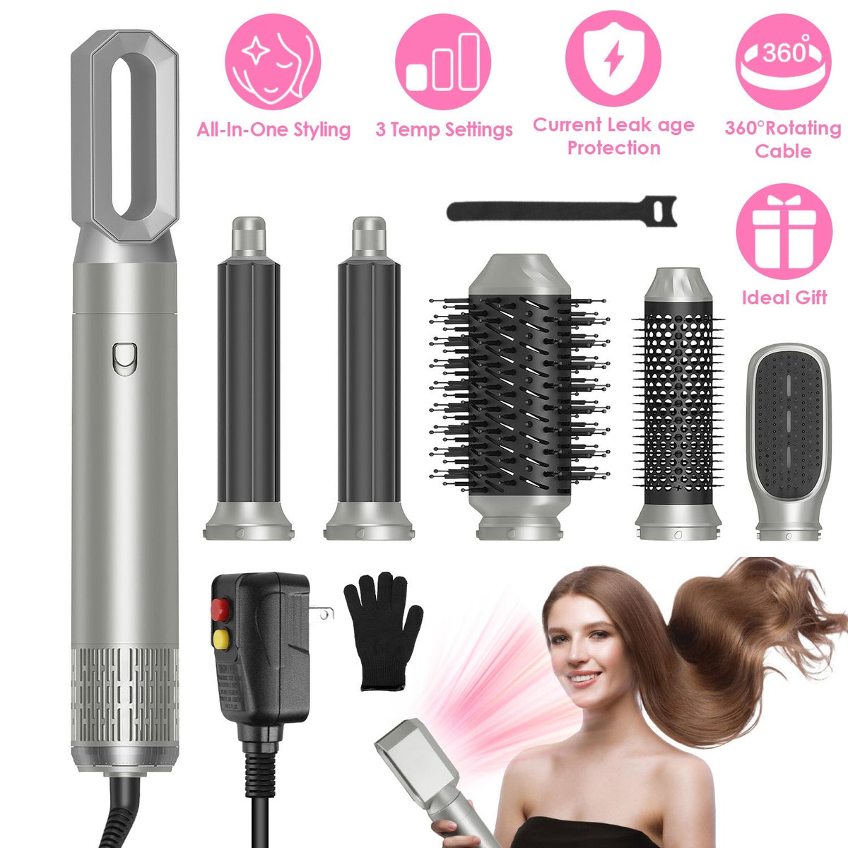 6 In 1 Hot Air Styler Volumizer Straightener Curler Dryer Automatic Wrap Styler Hair Dryer Brush Set with 3 Temp Settings ALCI Plug Glove Cable Zip Ti
