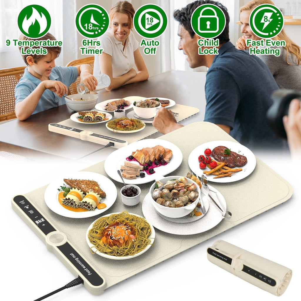 Silicone Food Warming Mat With 9 Temperature Levels 6Hrs Timer Child Lock Auto Shut Off Roll-Up Electric Warming Tray For Party Buffet Gathering Daily