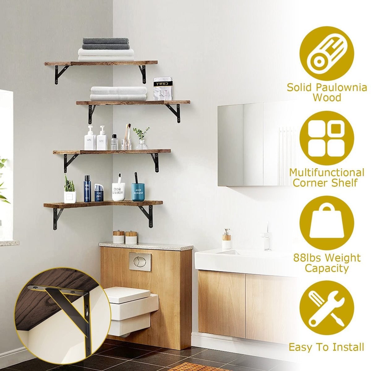 4Packs Corner Floating Shelf Wall Mount Display Storage Shelf Organizer Wood Metal Bedroom Living Room DŽcor