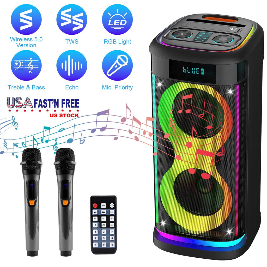 Portable Wireless Party Speaker | LED Lights, 2 Wireless Mics, Remote, TWS & Guitar Input
