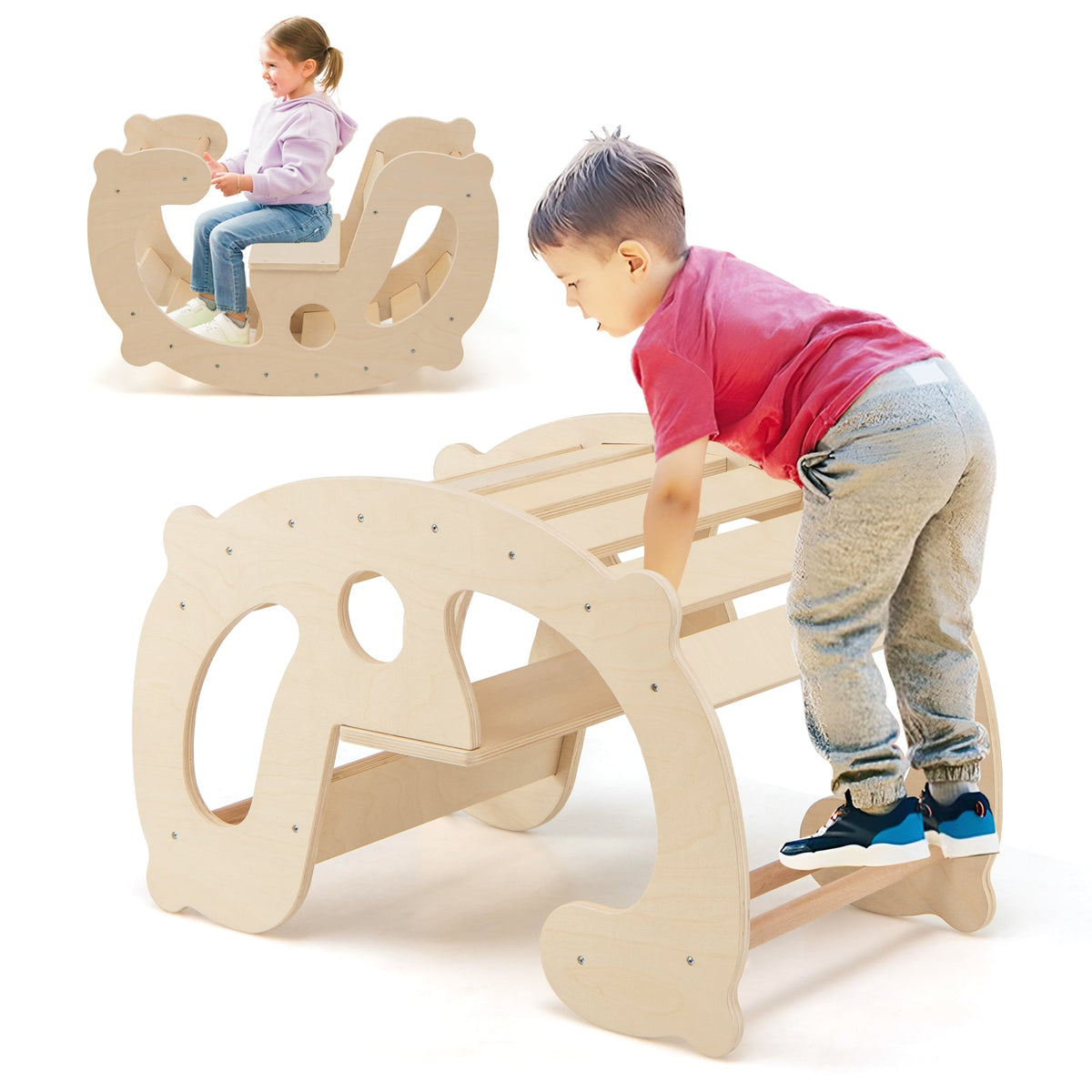 2-in-1 Rocking Horse Arch for Kids Montessori Climbing Toys with Arch Climber-Natural