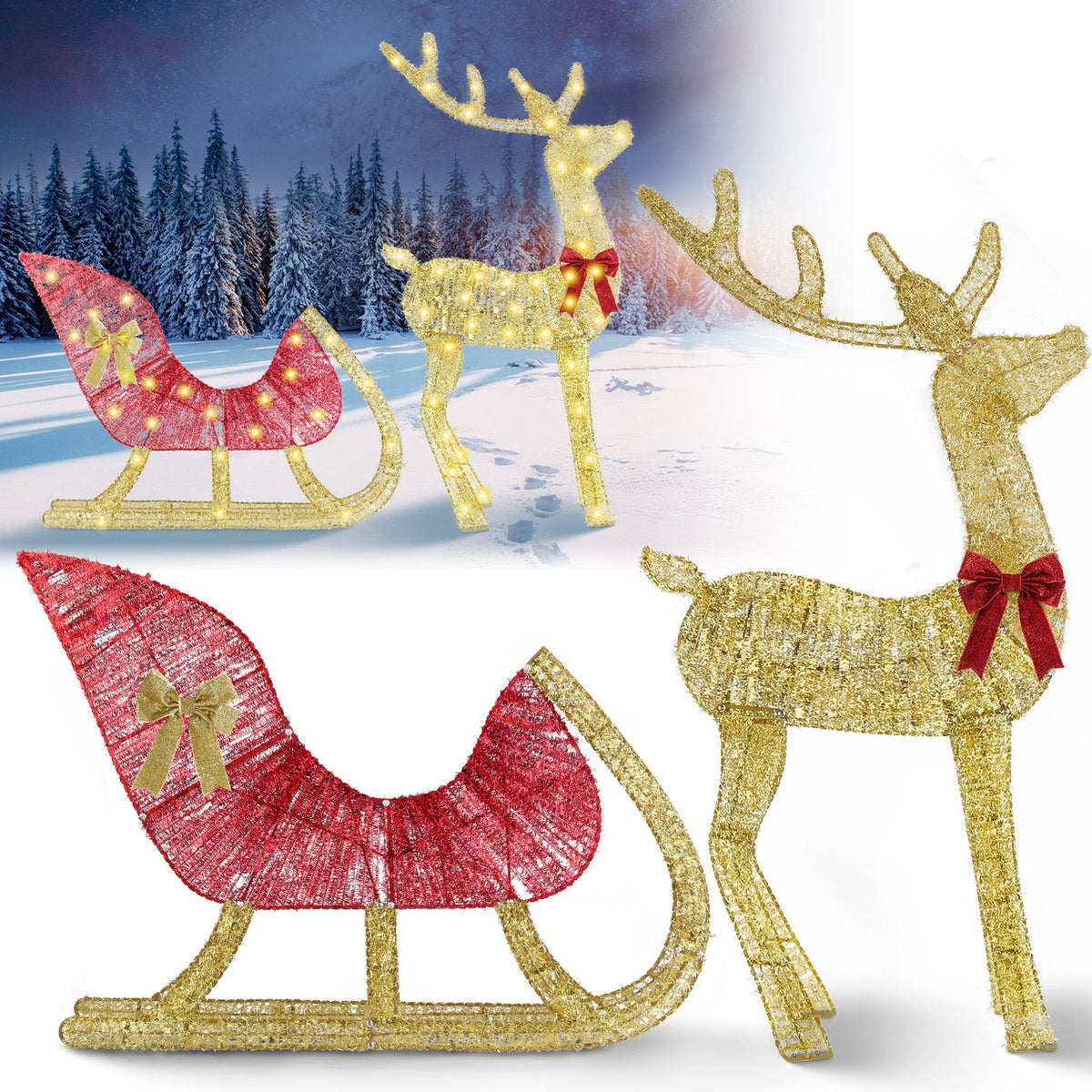 Lighted Christmas Reindeer & Sleigh Indoor Outdoor Christmas Decoration Christmas Lighted Display with 8 Lighting Modes