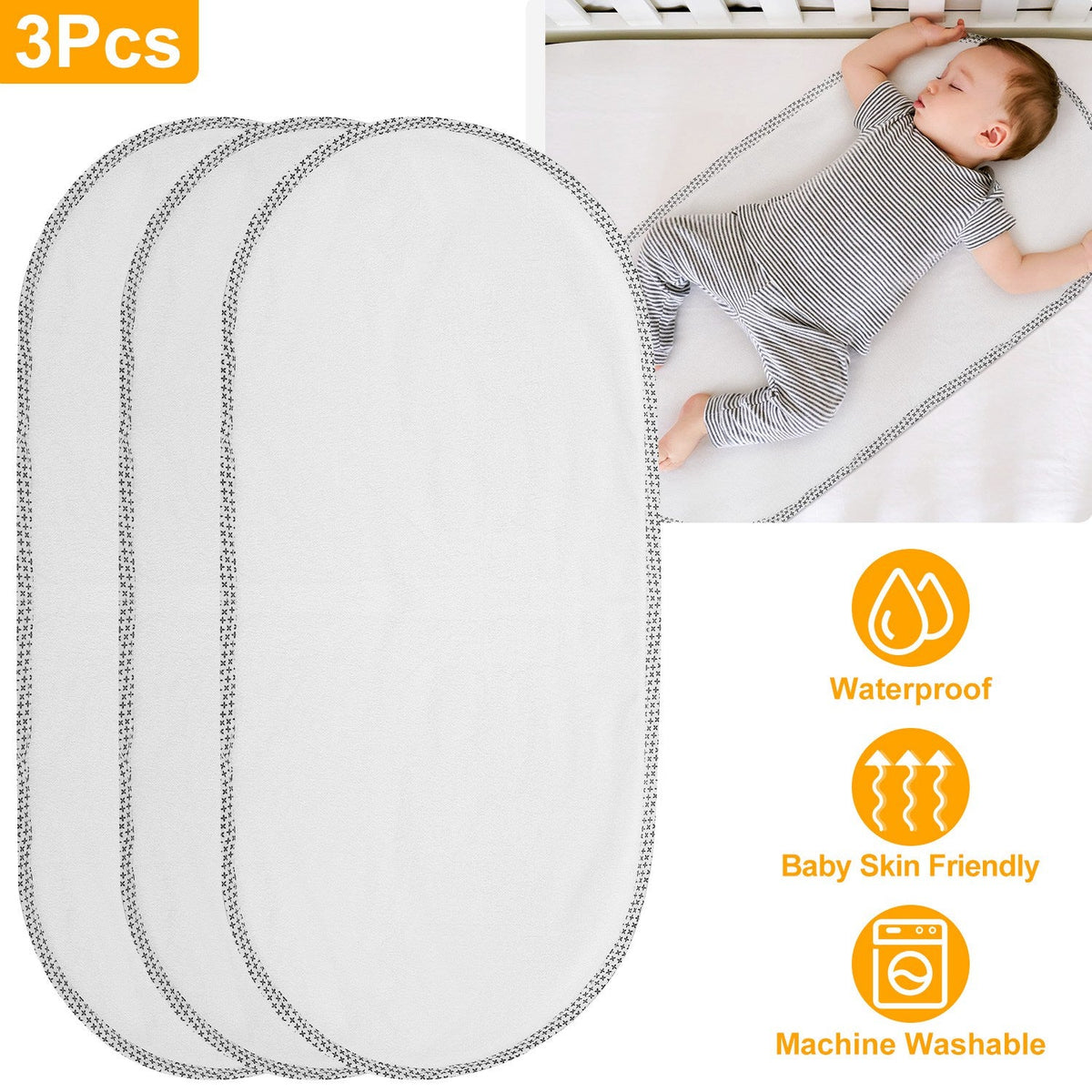 3Pcs Waterproof Changing Pad Liners Washable Reusable Changing Pad Cover Liners Cotton Surface Bassinet Changing Pad For Baby
