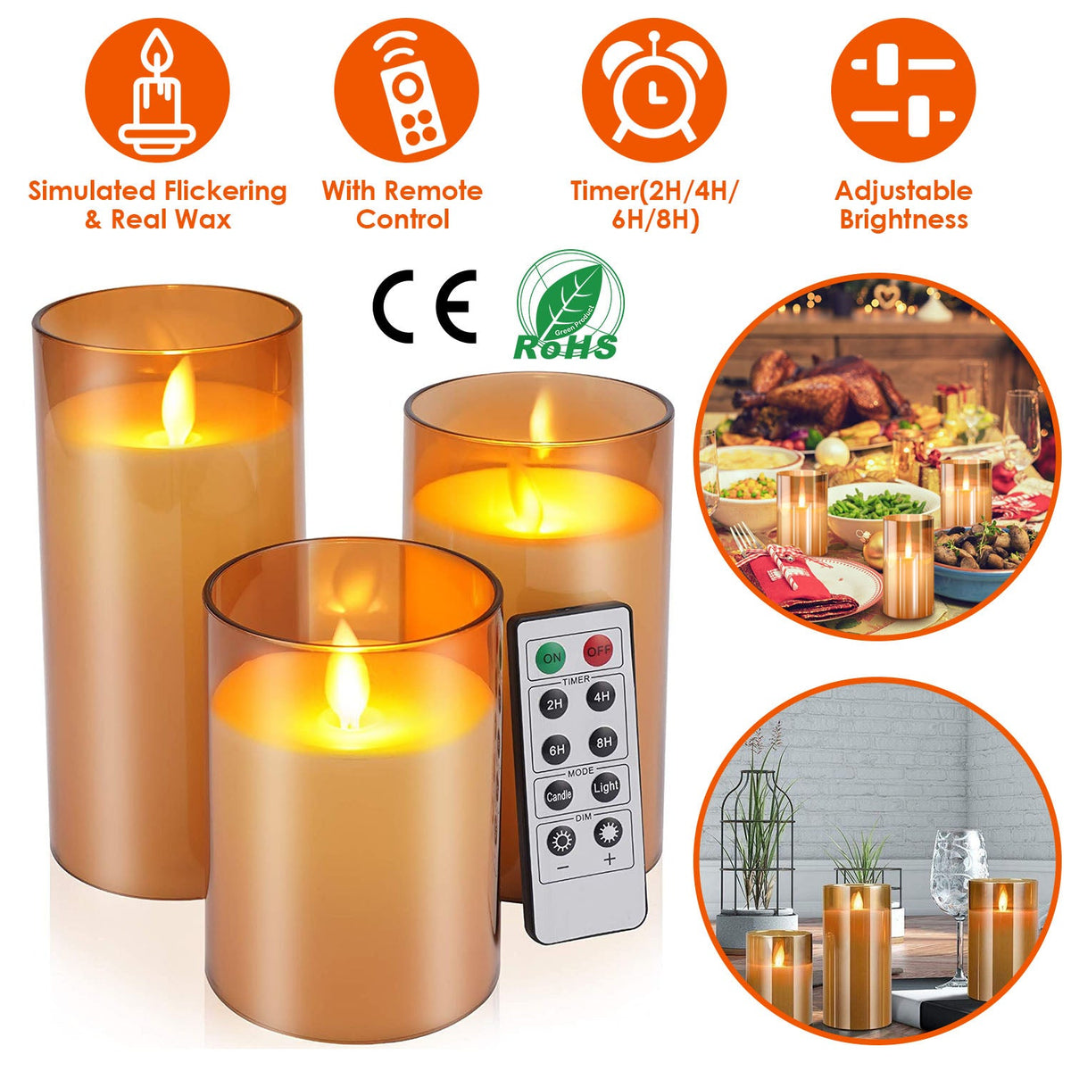 3Packs Flameless Candles Battery Operated Pillar Real Wax LED Glass Candle Warm White with Remote Control Timer