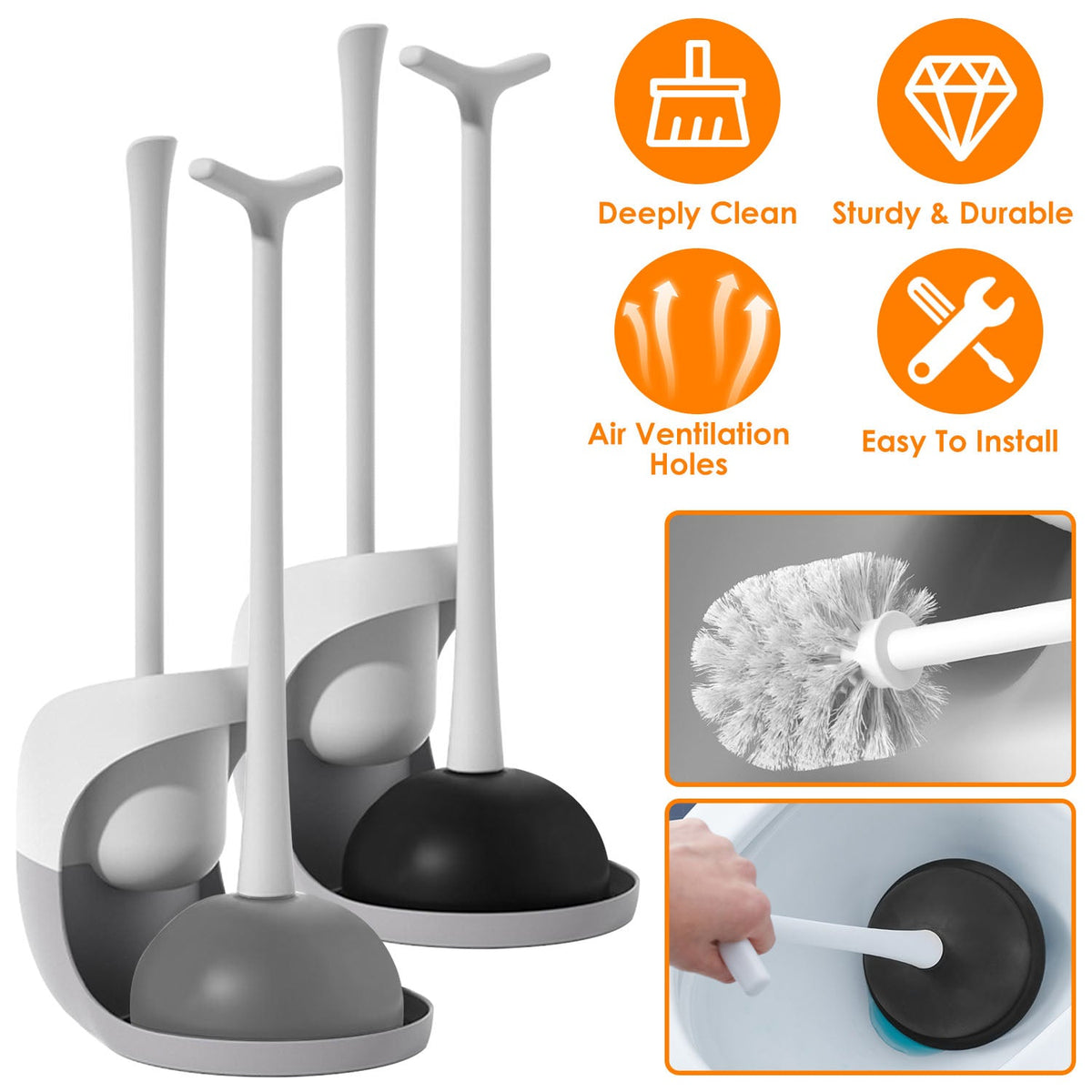 Toilet Plunger and Brush Combo Set with Ventilated Holder 2 in 1 Toilet Cleaning Tools Set with Caddy Stand for Bathroom