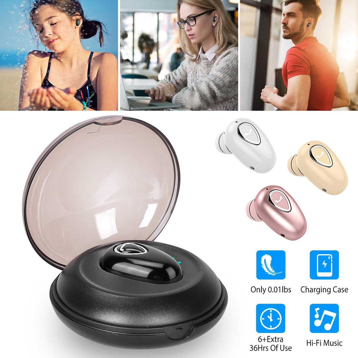 IPX5 Waterproof Unilateral Wireless Earbud Mini In-Ear Headset Rechargeable with Built-in Mic Charging Case Sweat Resistant Earphone