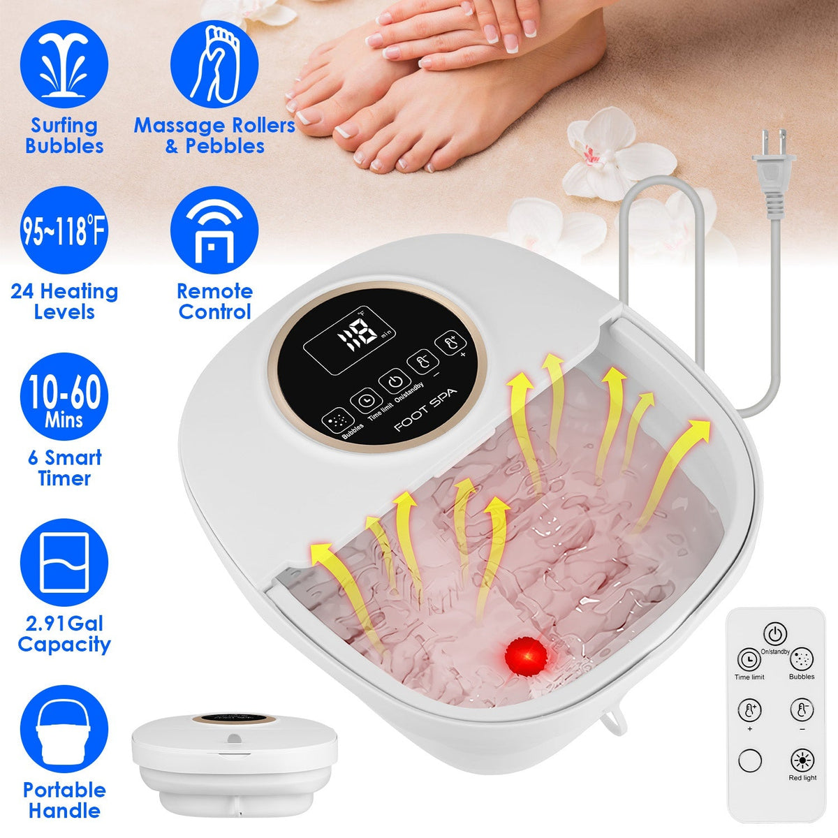 Collapsible Foot Spa Massager Electric Foldable Foot Soaker Tub with Remote Control Handle Surfing Bubbles 24 Heating Levels 6 Timer 6 Massage Rollers