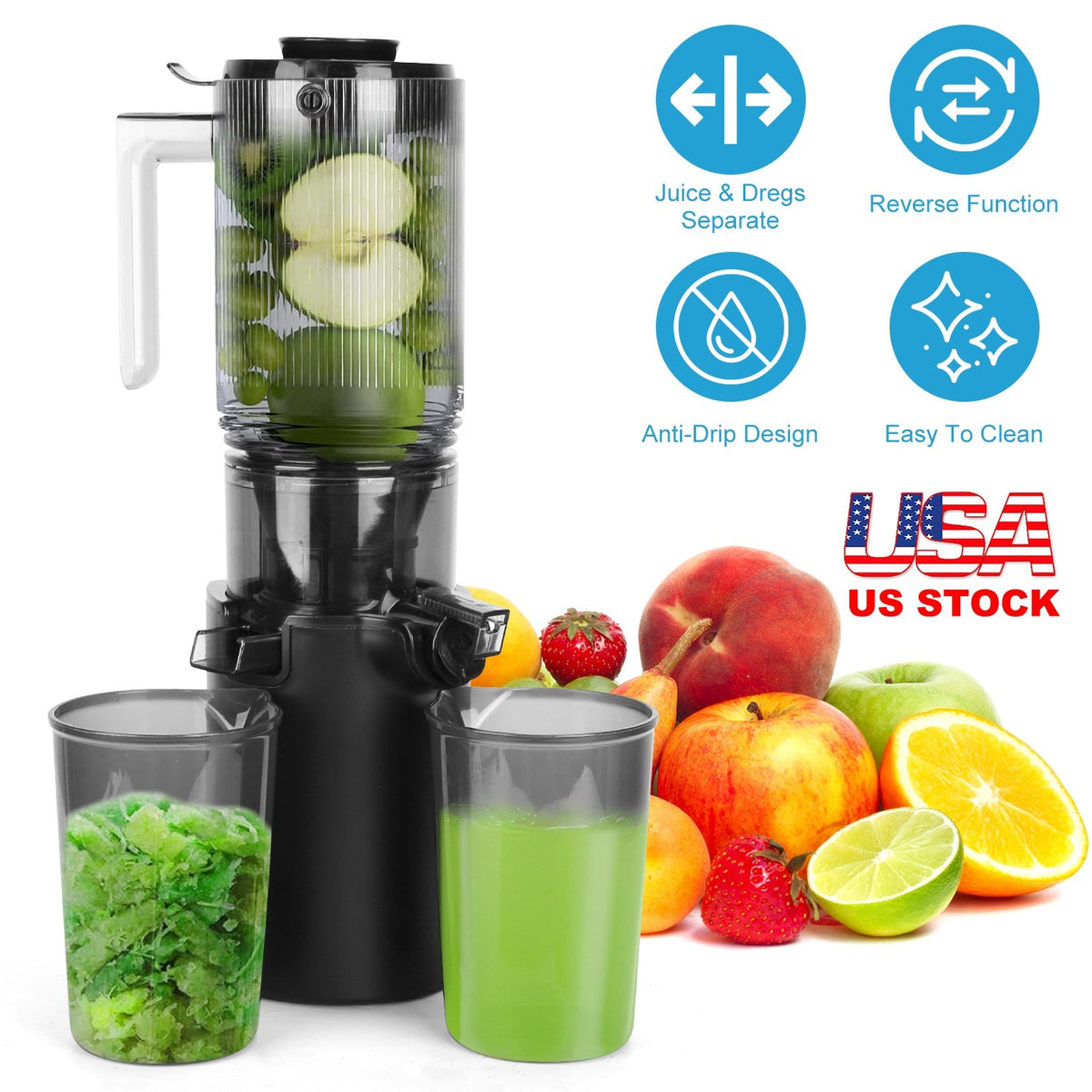 Cold Press Juicer Machine With 3.93In Feed Chute Fit Whole Fruits Vegetable 250W Slow Masticating Juicer With Reverse Function 2 Containers Easy To Cl