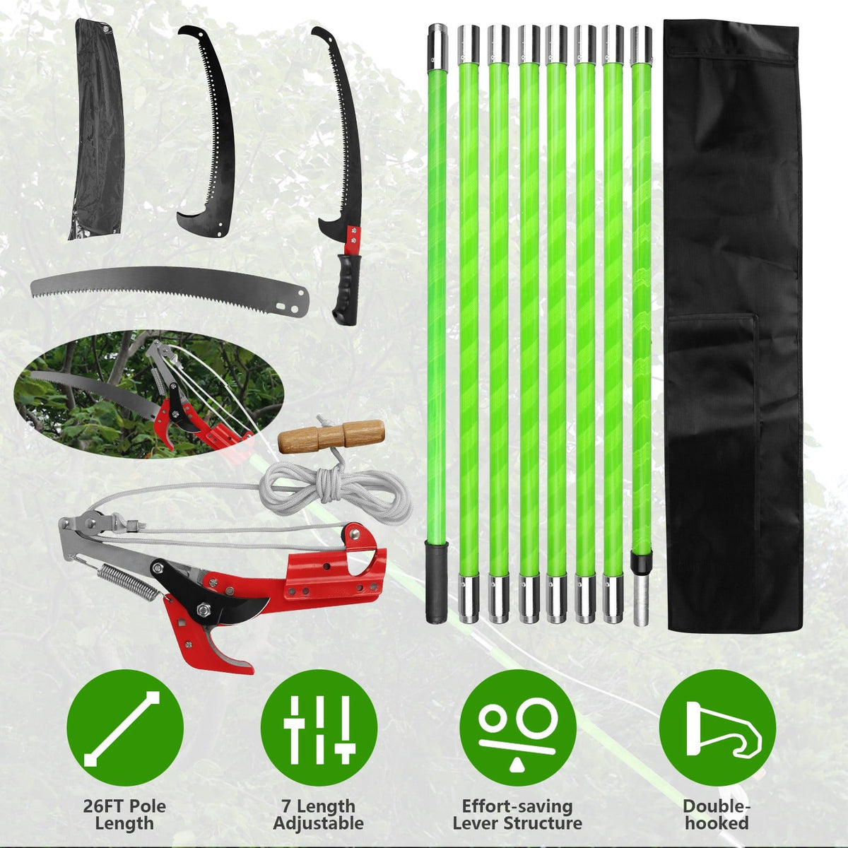 2 In 1 Extra Long Manual Pole Saw 8.23-28.25FT Extendable Tree Pruner for High Branches with Pruner Scissors 2 Double-hooked Saw Blades Goggles Gloves