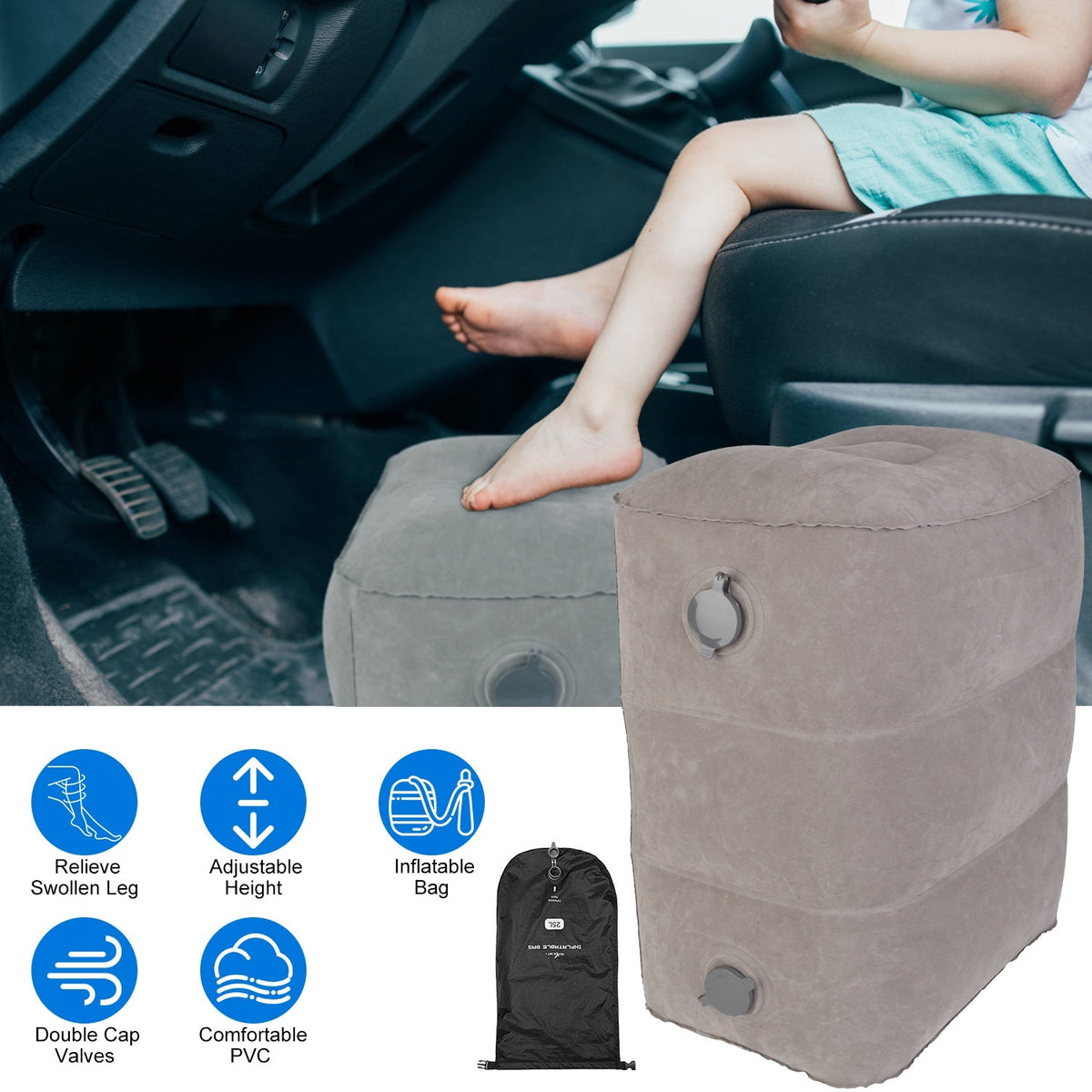 Inflatable Foot Rest with Air Bag 3 Adjustable Height Travel Foot Pillow Kids Airplane Bed Relieve Leg Feet Pain Leg Rest Stool For Train Car Airplane
