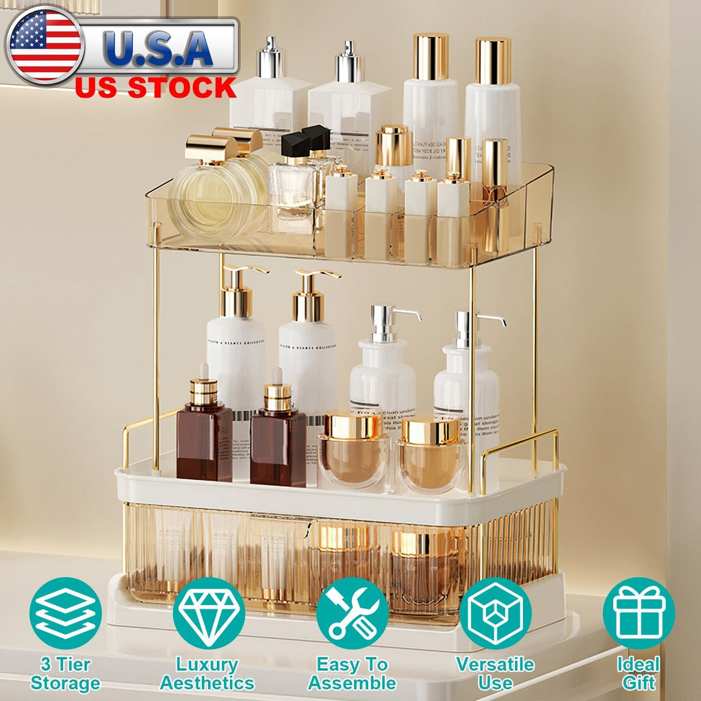 3 Tier Makeup Organizer for Vanity Large Capacity Skincare Shelf Bathroom Countertop Organizer with Drawer for Lipsticks Lotion Toner Perfumer Masks