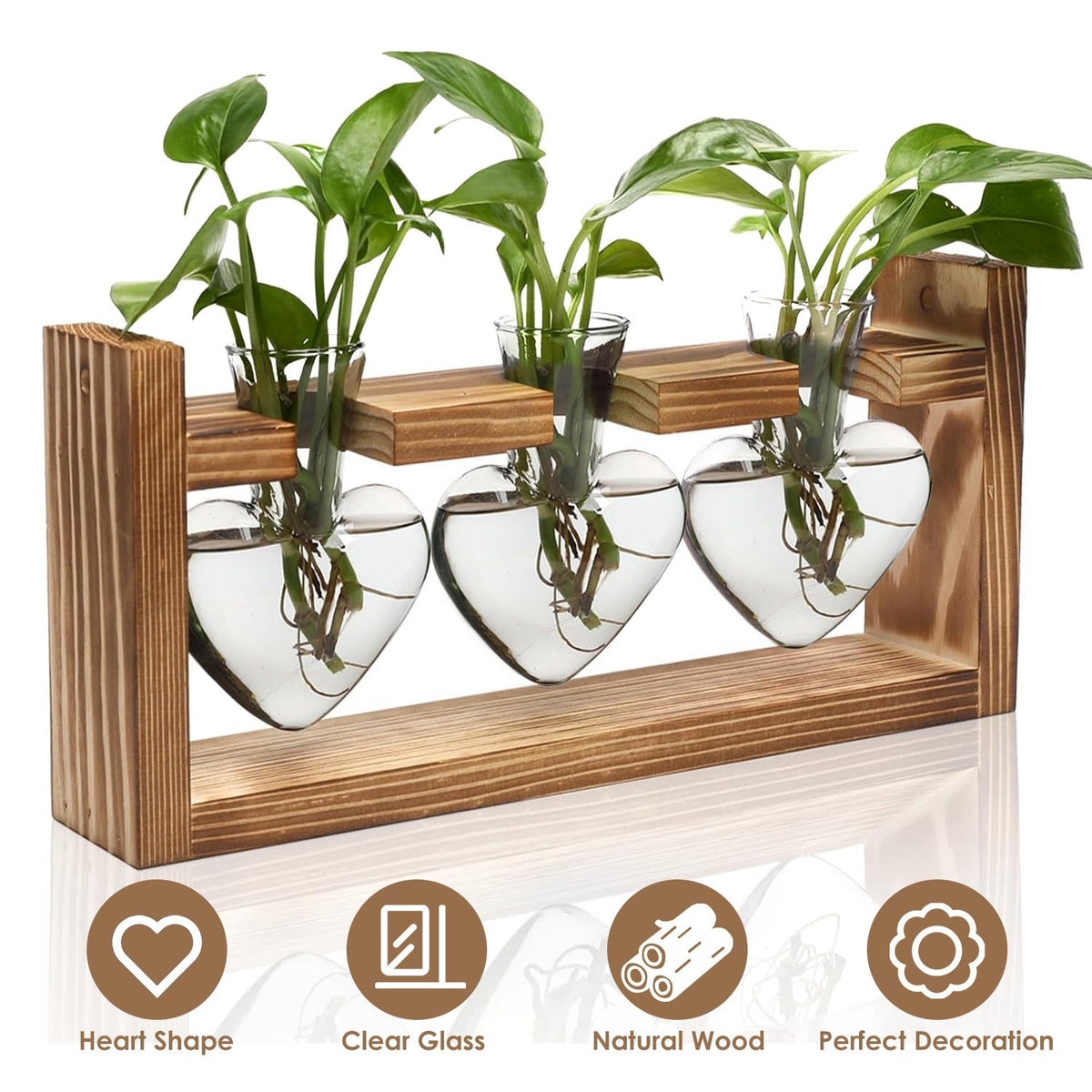 Plant Terrarium Propagation Station with 3 Heart Shaped Vases Wooden Stand Desktop Air Planter Bulb Glass Vase for Hydroponics Home Office Decor Gift