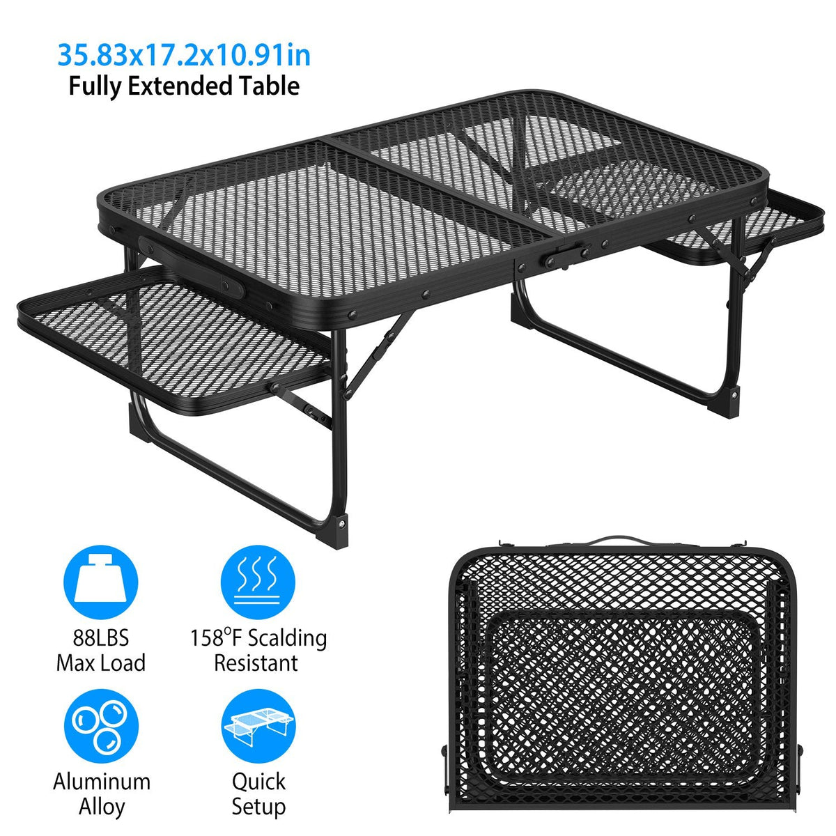 Foldable Camping Table Collapsible Picnic Aluminum Alloy Grill Stand 88LBS Max Load BBQ Table with 2 Side Trays