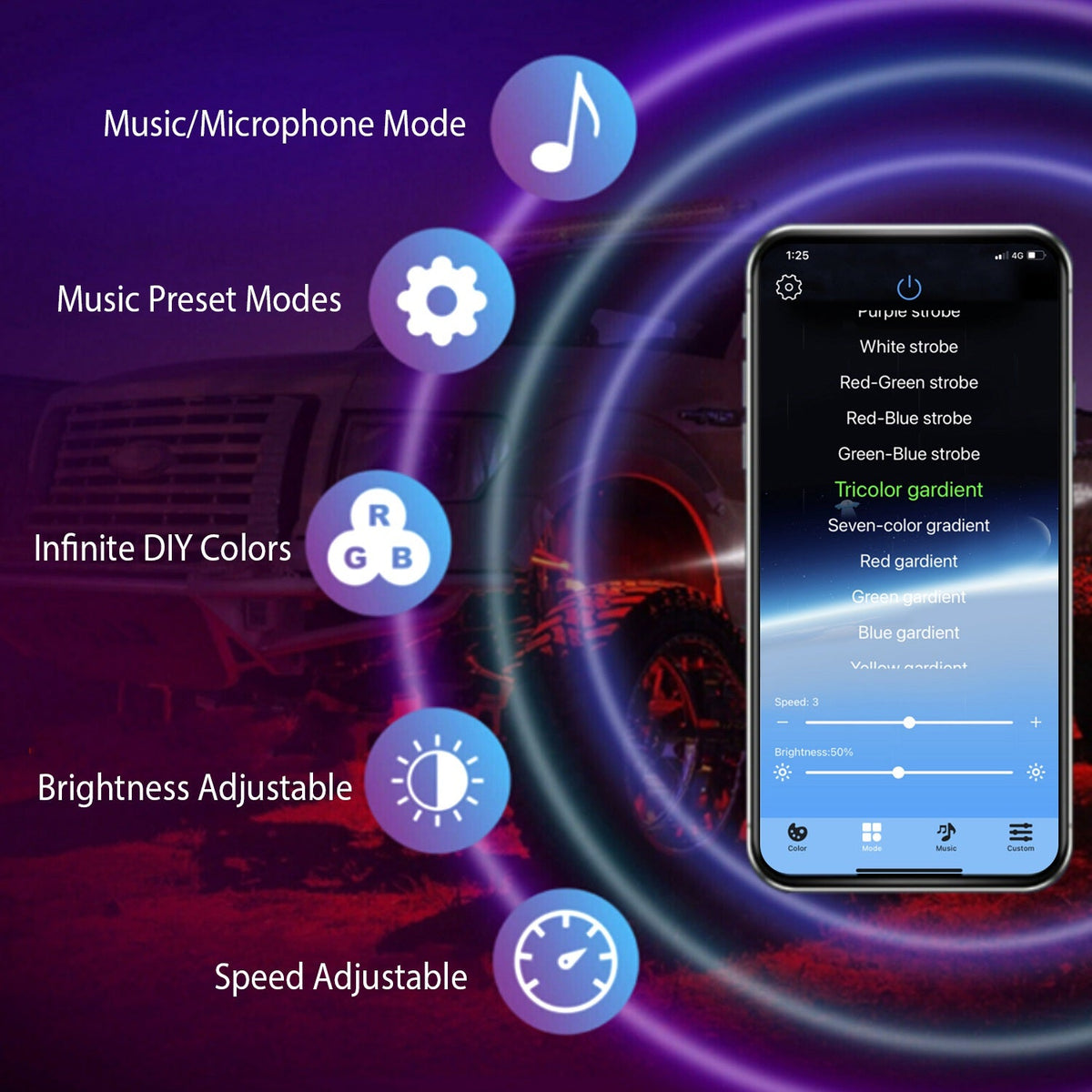 8 Pods RGB LED Rock LightsÊDC12V Car Neon Light Kit IP68 Waterproof Underglow Lights with Double Remote Controls Wireless APP ControlÊfor Jeep Truck U