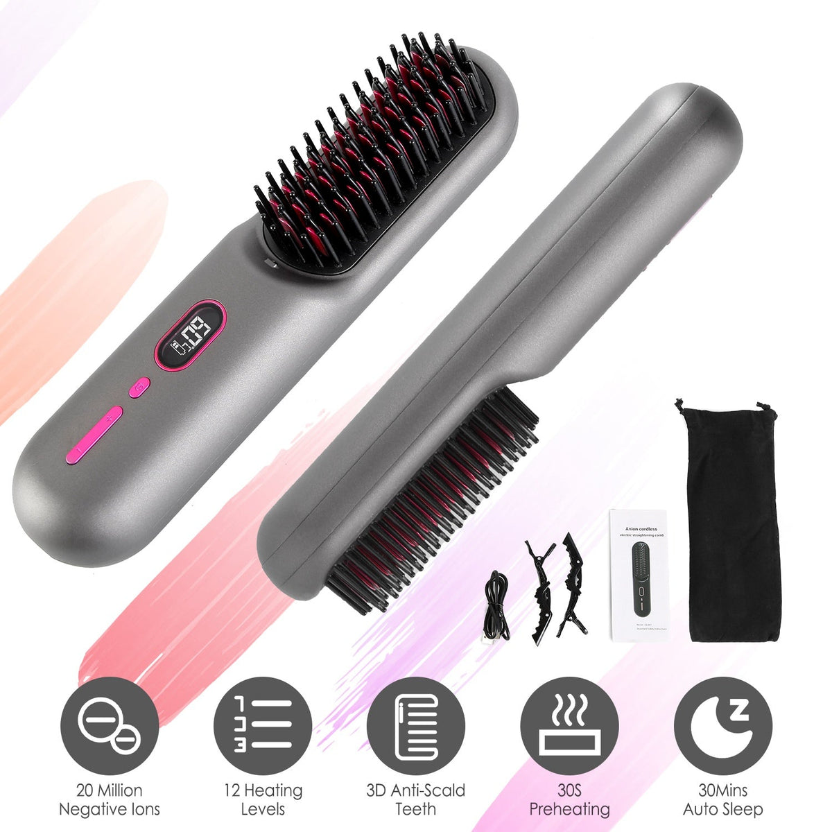 Cordless Negative Ion Hair Straightener Brush Rechargeable Mini Styling Comb with 12 Heating Levels Anti-scald 30S Preheating 30Mins Auto Sleep LCD Di