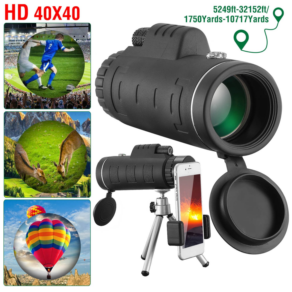 40x40 HD Optical Monocular Telescope w/ FMC Lens Low Light Vision Scope Phone Holder Tripod Compass For Bird Watching Hunting Camping Hiking Sport Eve