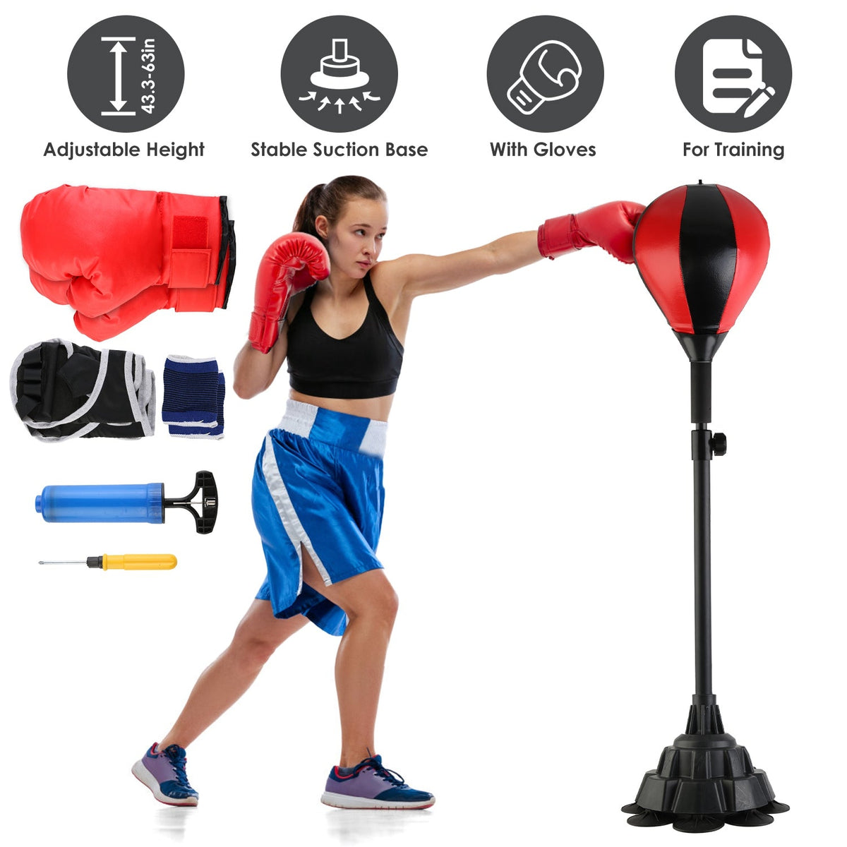 Punching Bag with Stand Free Standing Boxing Ball for Adults 43.3-63in Height Adjustable Boxing Bag with Gloves Wrist Sleeves Stable Suction Base for