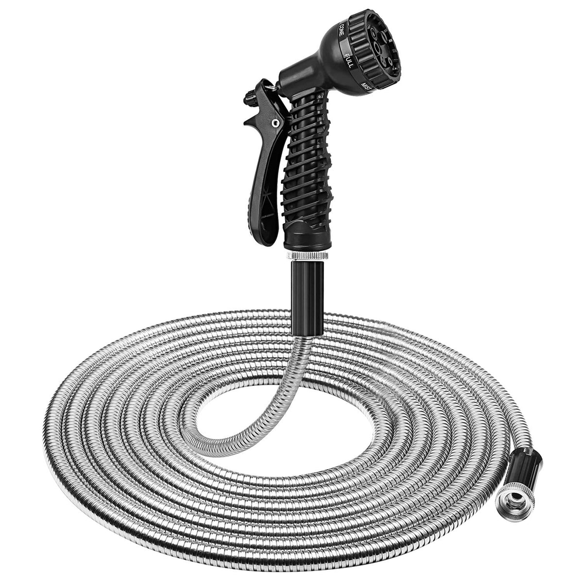 25FT/50FT/100FT Heavy Duty Stainless Steel Garden Hose Garden Watering Kit Metal Water Hose with 2 Nozzles 12 Patterns Flexible Extendable Kink Tangle