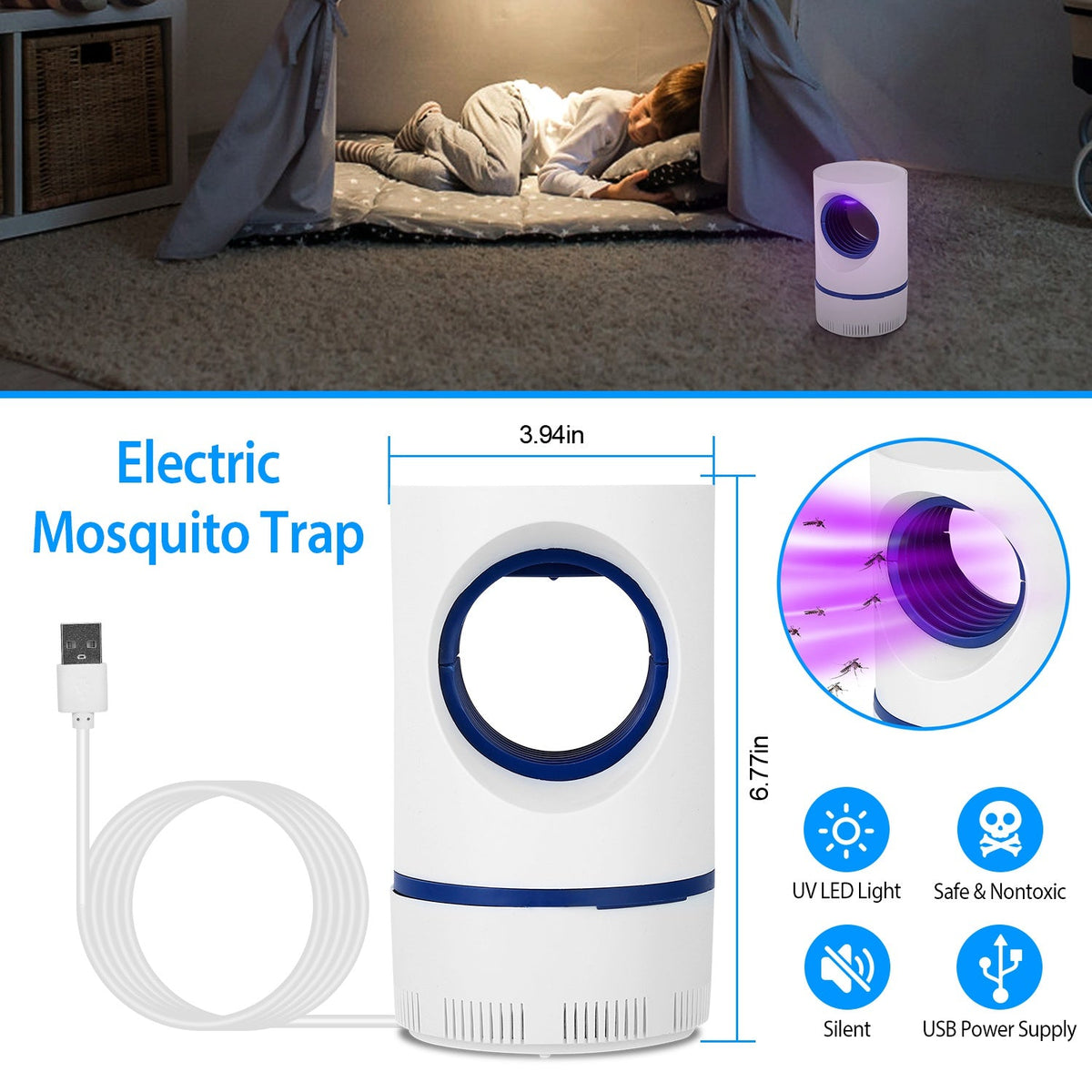 Electric Mosquito Killer Lamp UV Light Mosquito Zapperwith USB Power Supply Portable Fruit Fly Trap Insect Pests Killer Child Safe for Home Kitchen Be