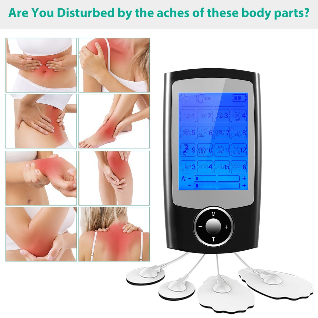 Rechargeable Tens Unit Machine Impulse Massager 16 Modes Pain Relief Body Massager Machine Muscle Stimulator w/ 2 Outputs and 6hrs Working For Relief