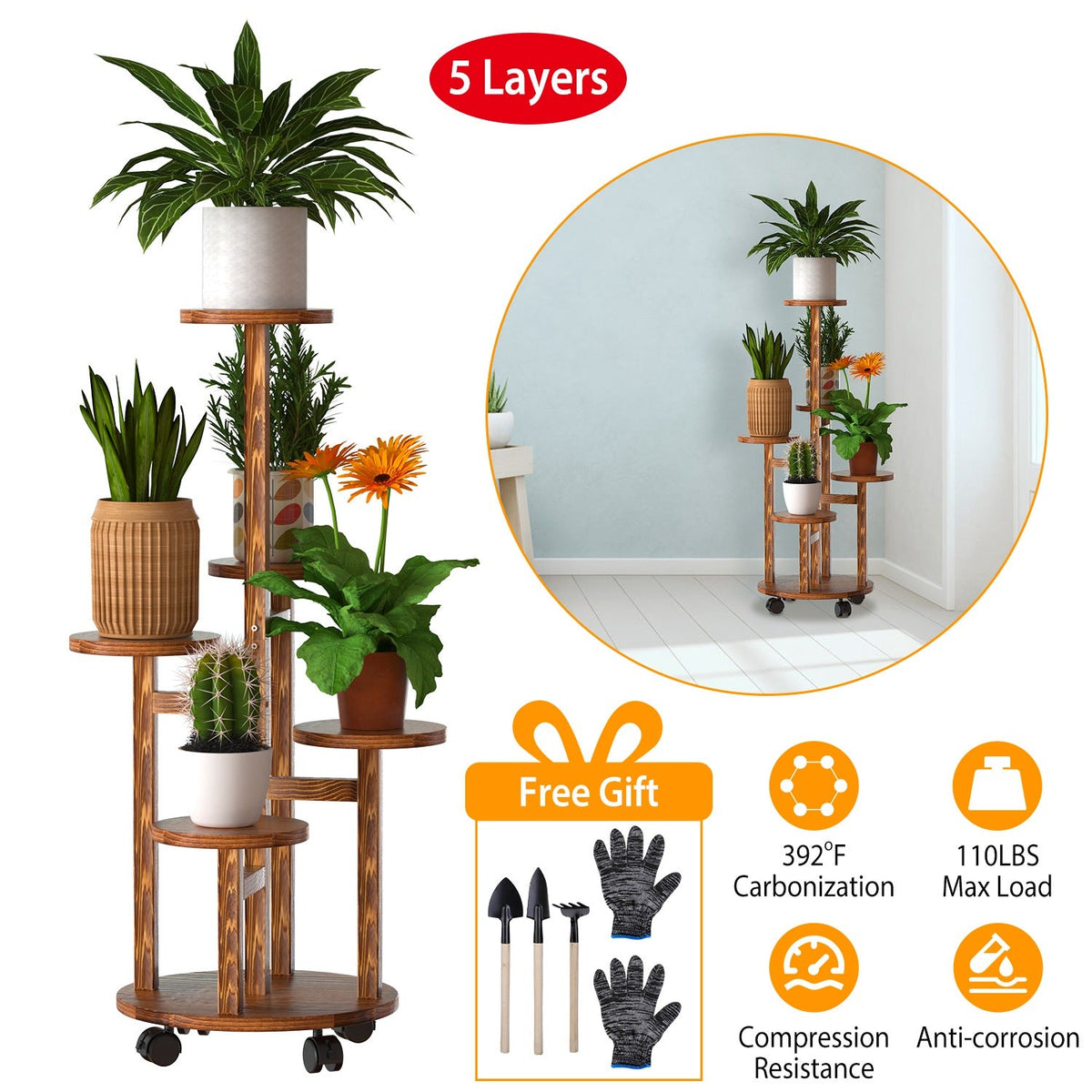 5 Tier Plant Stand with 4 Detachable Wheels Wooden Plant Pot Rolling Shelf Plant Display Rack for Indoor Outdoor Decoration