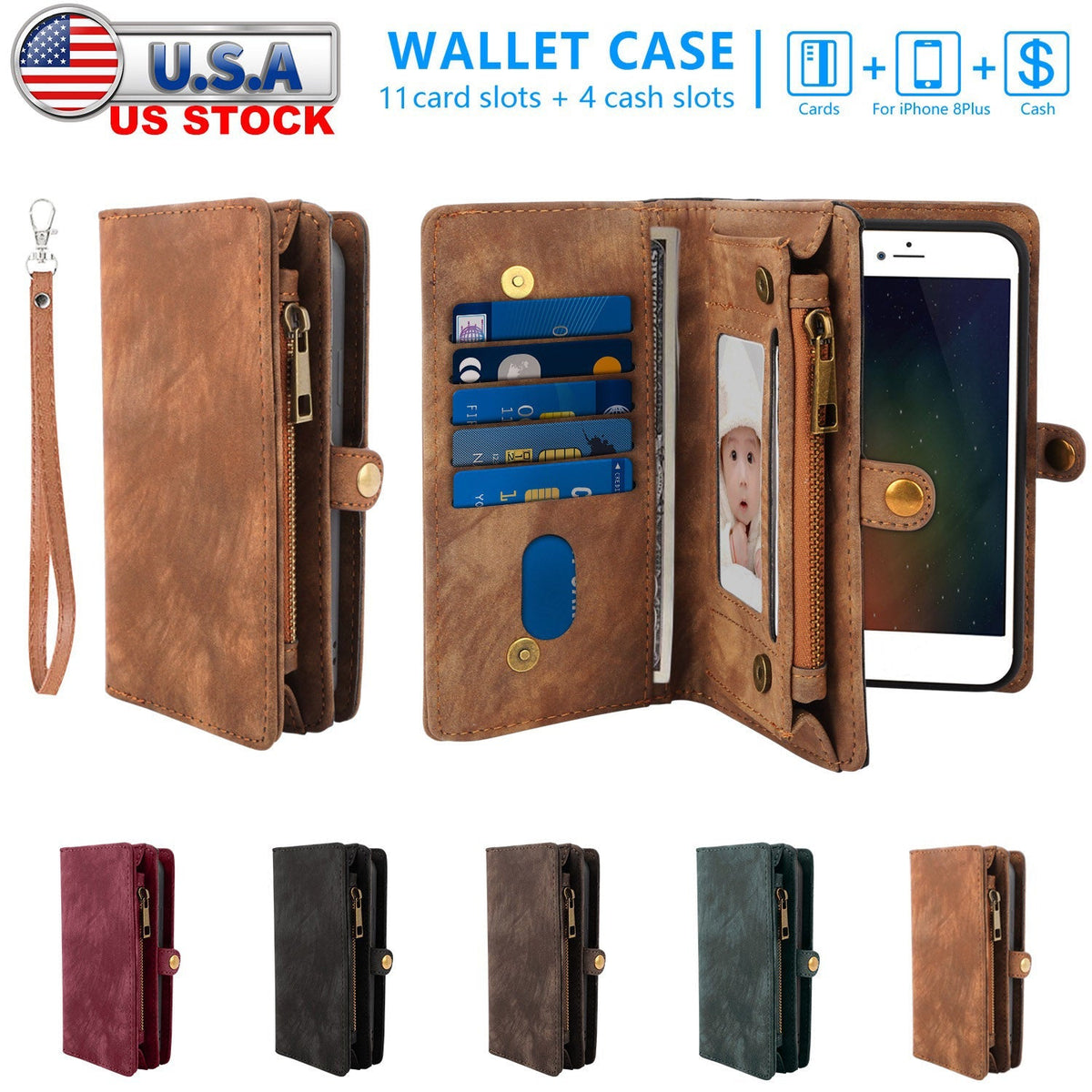 Phone Wallet Case For iPhone 8 Plus Portable Wallet Case 2 in 1 Leather Zipper Magnetic Detachable 15 Card Slots Money Pocket Clutch Cover W/ID Widows