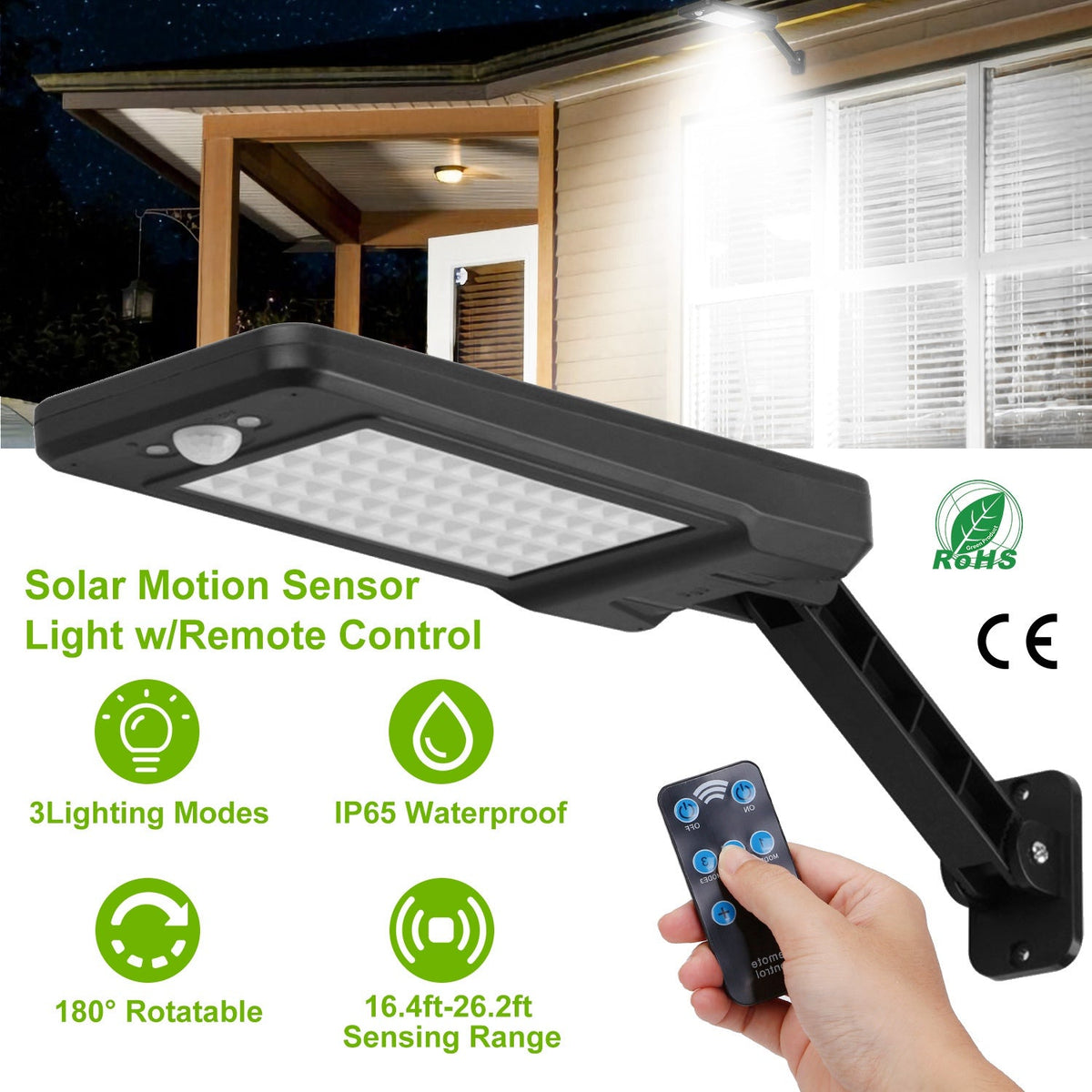 Solar Wall Light Outdoor 60LEDs PIR Motion Sensor Remote Control Wireless Lamps IP65 Waterproof Lighting for Garage Front Door Garden Pathway