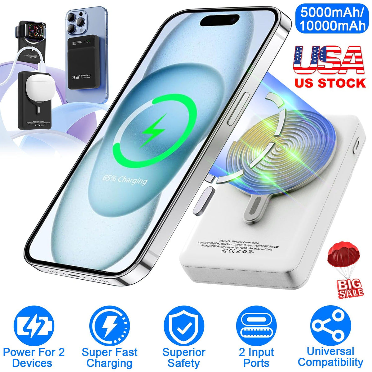 10000mAh Magsafe 3 In 1 Portable Charger PD22.5W Magnetic Fast Charger Fast Charging Power Bank Fit For IOS Phone 15/14 Samsung Galaxy S24 And More