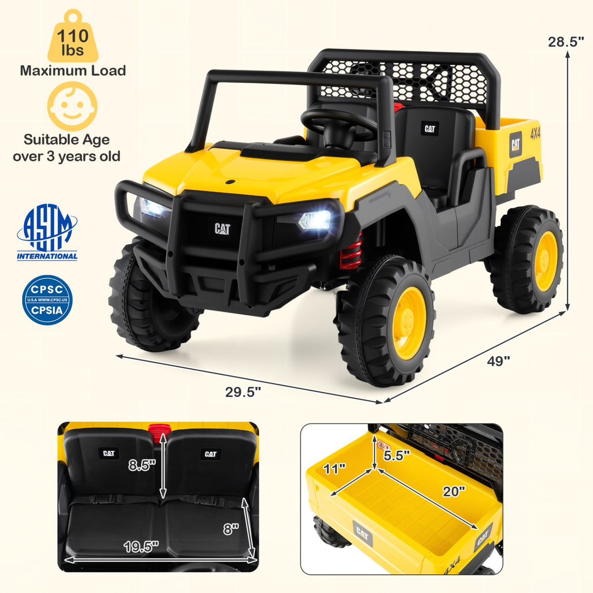 24V Ride-On Dump Truck 2-Seater with Remote Control - Yellow