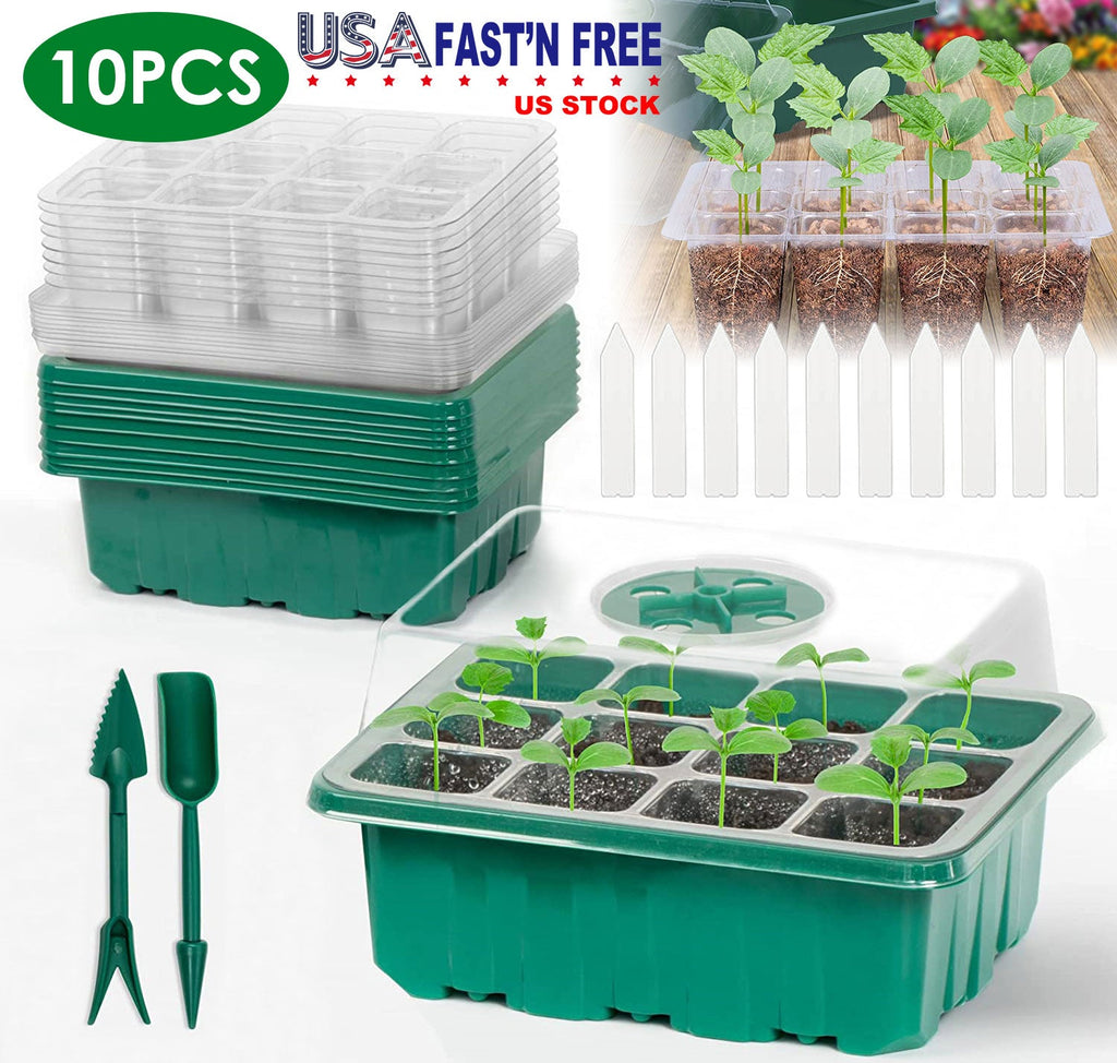 10Pcs Seed Starter Tray Kit Reusable Overall 120Cells Seeding Propagator Station Greenhouse Growing Germination Tray with Humidity Dome Label 2Pcs Gar