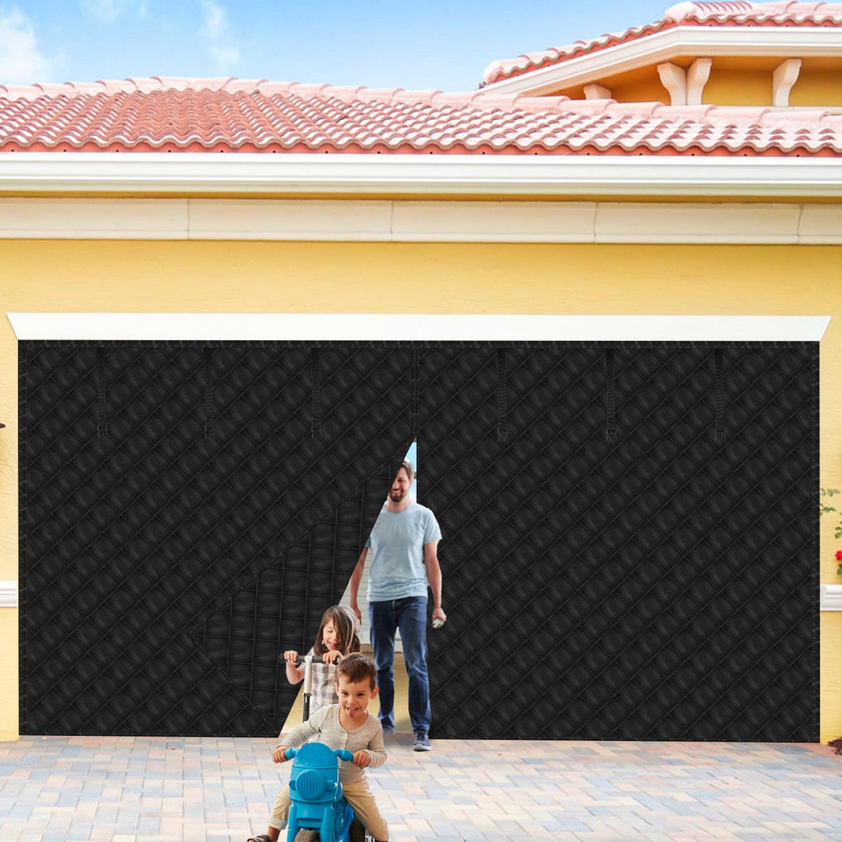 16*7FT Magnetic Thermal Insulated Garage Door Curtain for Winter Two-Car Garage Screen with Magnetic Closure 8 Roll Up Buckle Straps for Two Cars Weat