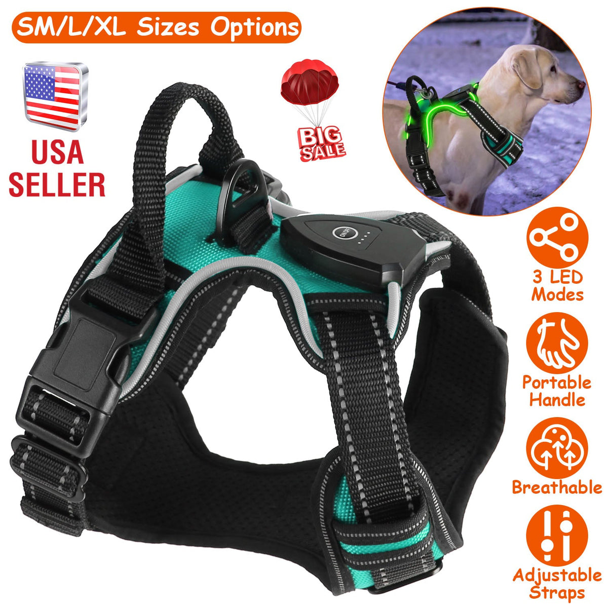 Light Up Dog Harness Rechargeable LED Dog Harness No Pull Lighted Dog Vest with Handle for Small/Medium/Large Dogs