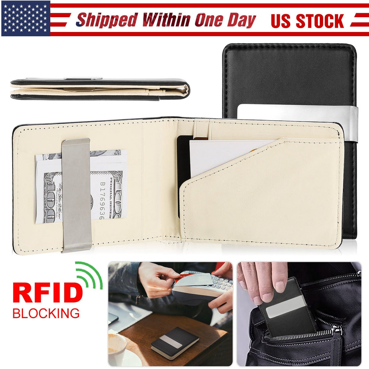 Unisex PU Leather Wallet RFID Blocking Slim Bifold Credit Card Holder with Money Clip