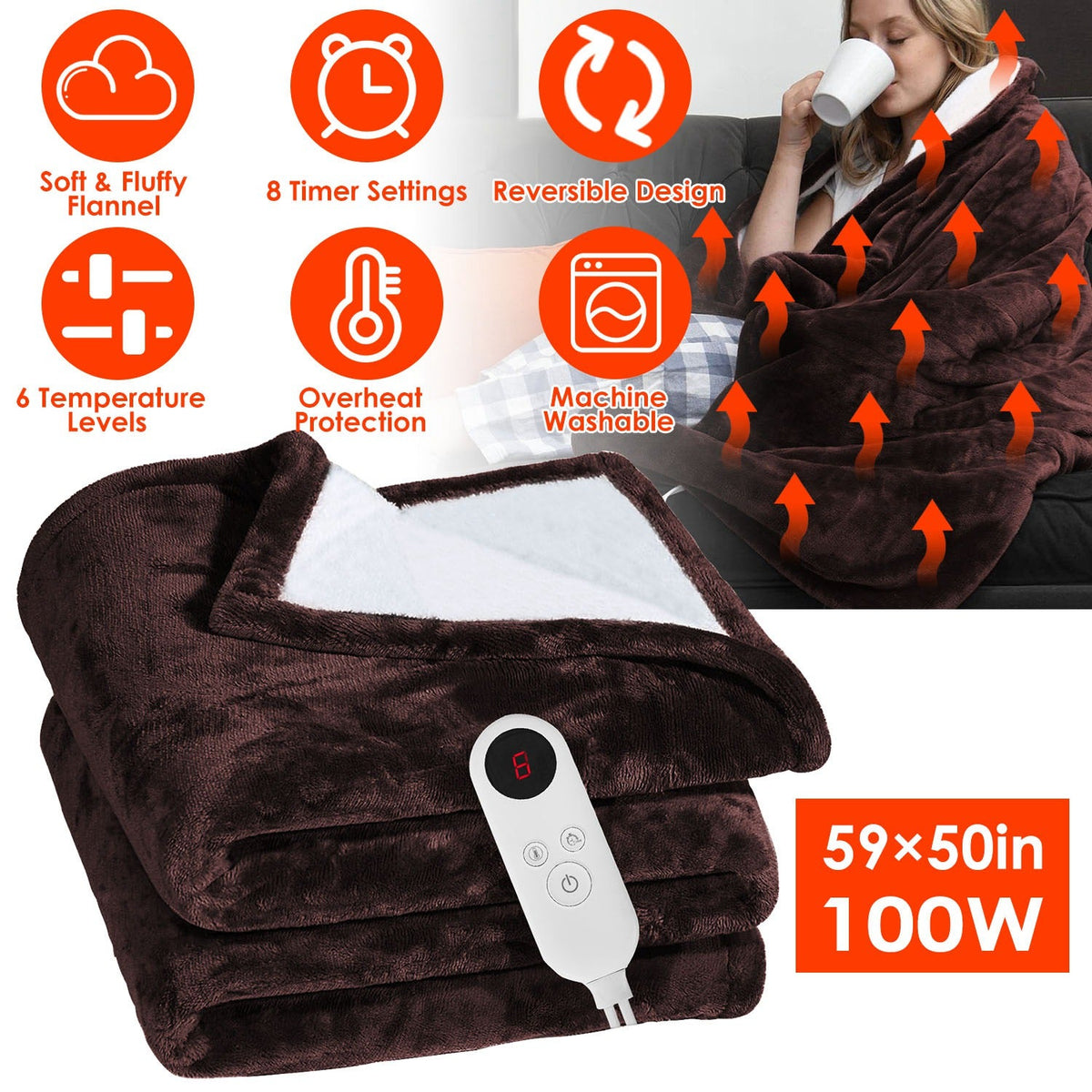 Electric Heated Flannel Throw Heated Blanket with 6 Heat Settings 1-8 Hours Auto off Washable for Home Office Usage 59x50in