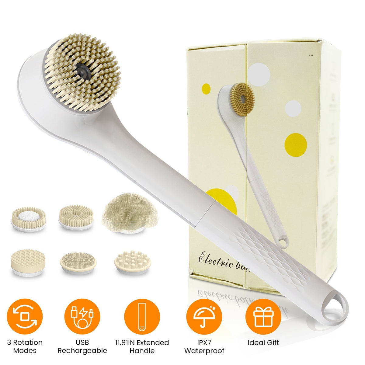 Electric Bath Brush Body Scrubber Rechargeable Massaging Spin Brush with 6 Shower Brush Heads 3 Rotating Modes Extended Handle