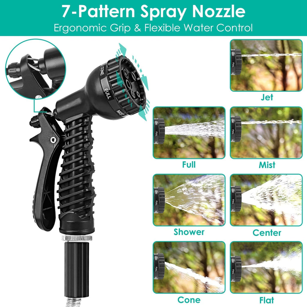 25FT/50FT/100FT Heavy Duty Stainless Steel Garden Hose Garden Watering Kit Metal Water Hose with 2 Nozzles 12 Patterns Flexible Extendable Kink Tangle
