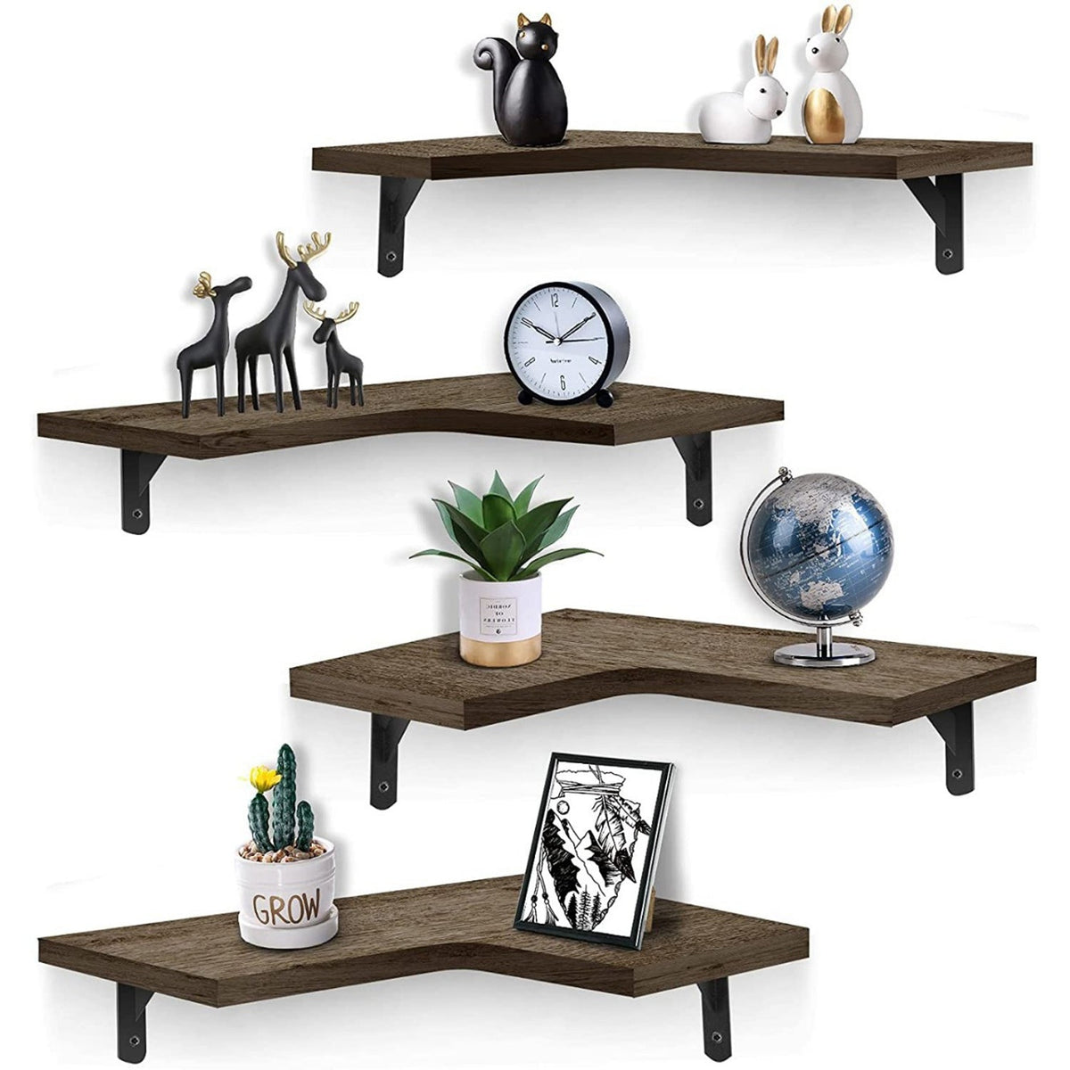 4Packs Corner Floating Shelf Wall Mount Display Storage Shelf Organizer Wood Metal Bedroom Living Room DŽcor
