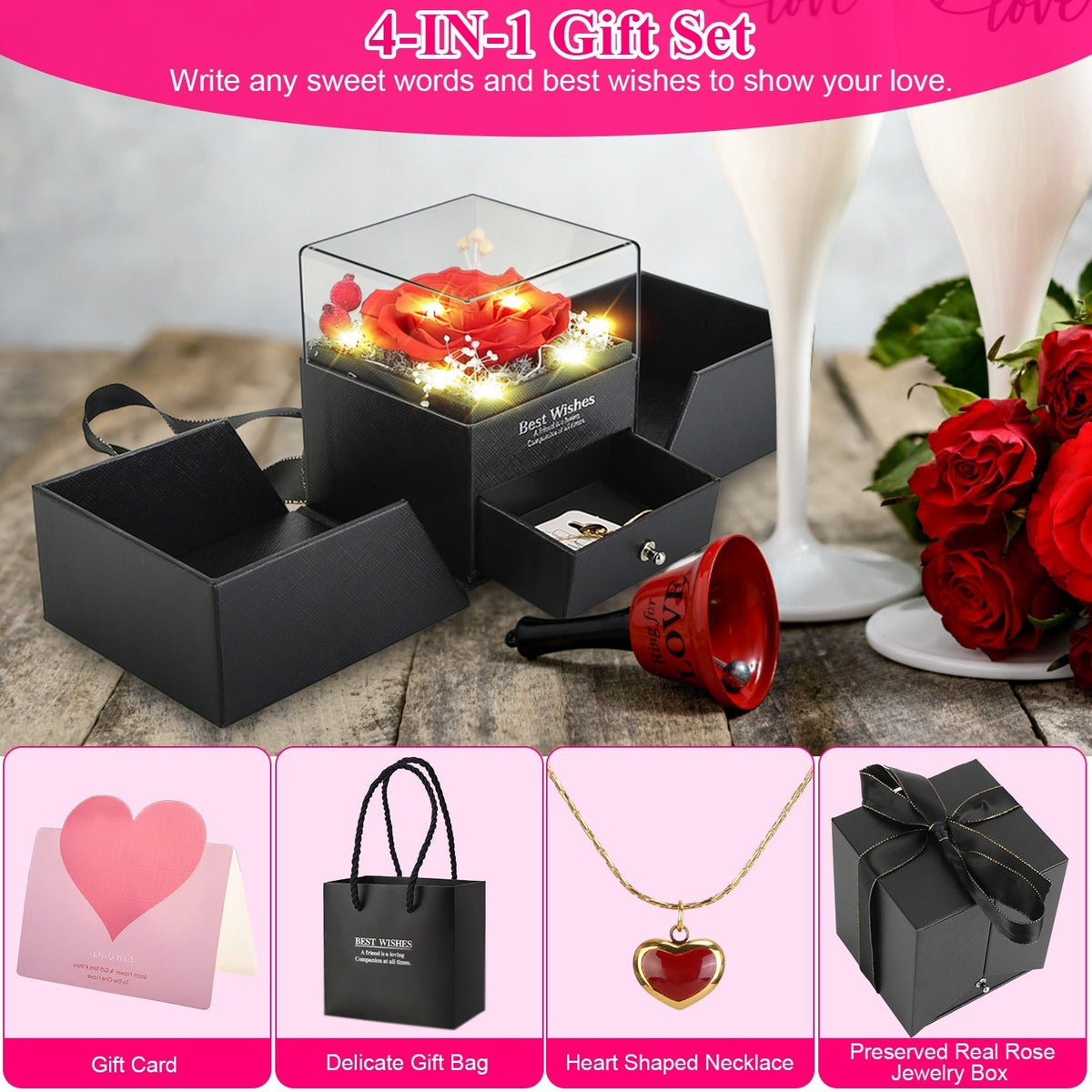 Preserved Red Real Rose with Heart Necklace Eternal Flowers Rose with Golden Necklace Gifts for Women Mom Wife Girlfriend Grandma on Valentine Mother