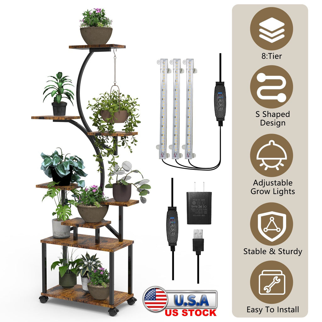 8 Tiered Plant Stand Indoor With Grow Lights S-shaped Lighted Plant Shelf 61.42in Plant Tower with 4 Lockable Wheels for Living Room Patio