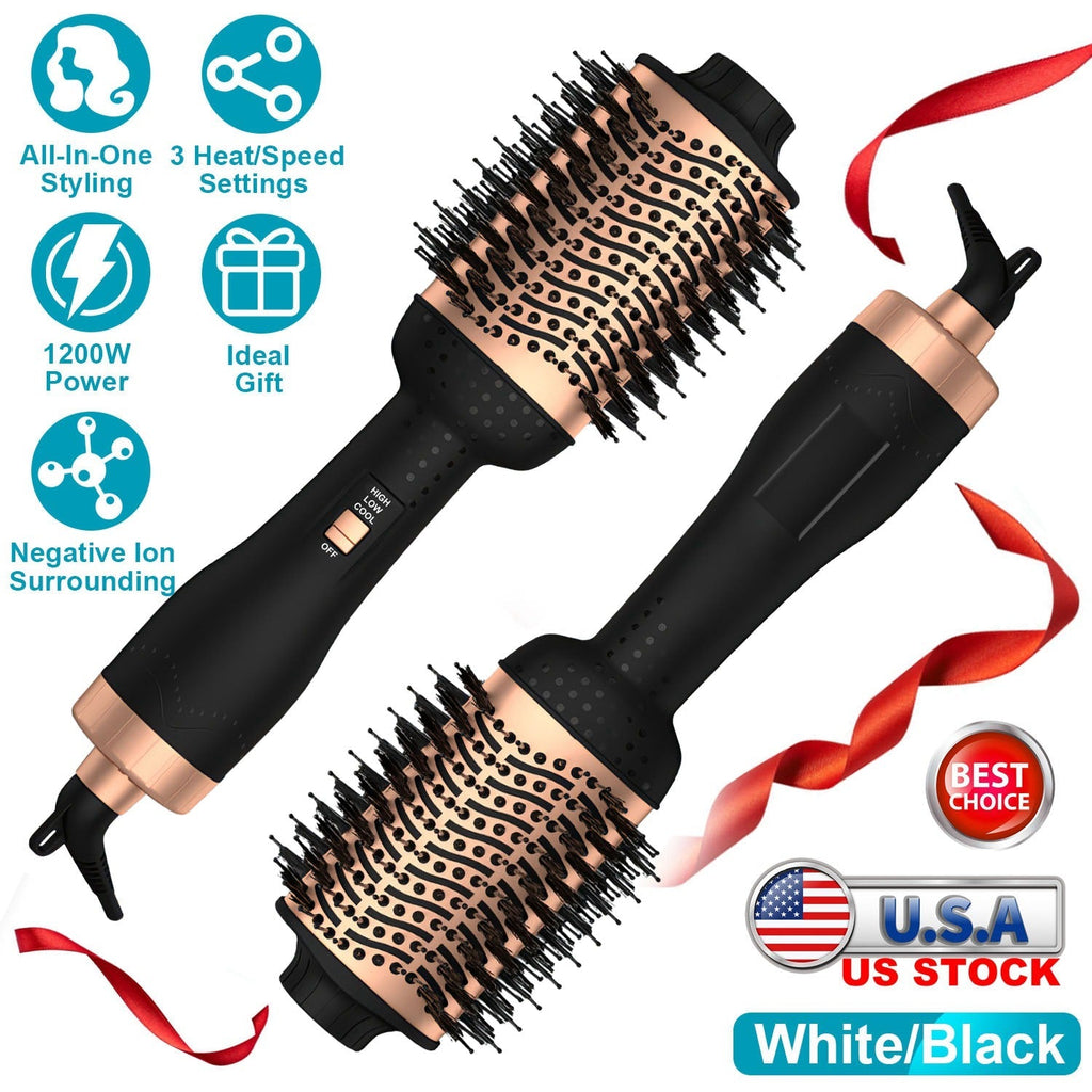 4 In 1 Hair Dryer Brush Curling Brush Hair Styler Volumizer Straightener Negative Ion Anti-frizz Hot-Air Hair Brush for All Hair Types Black White